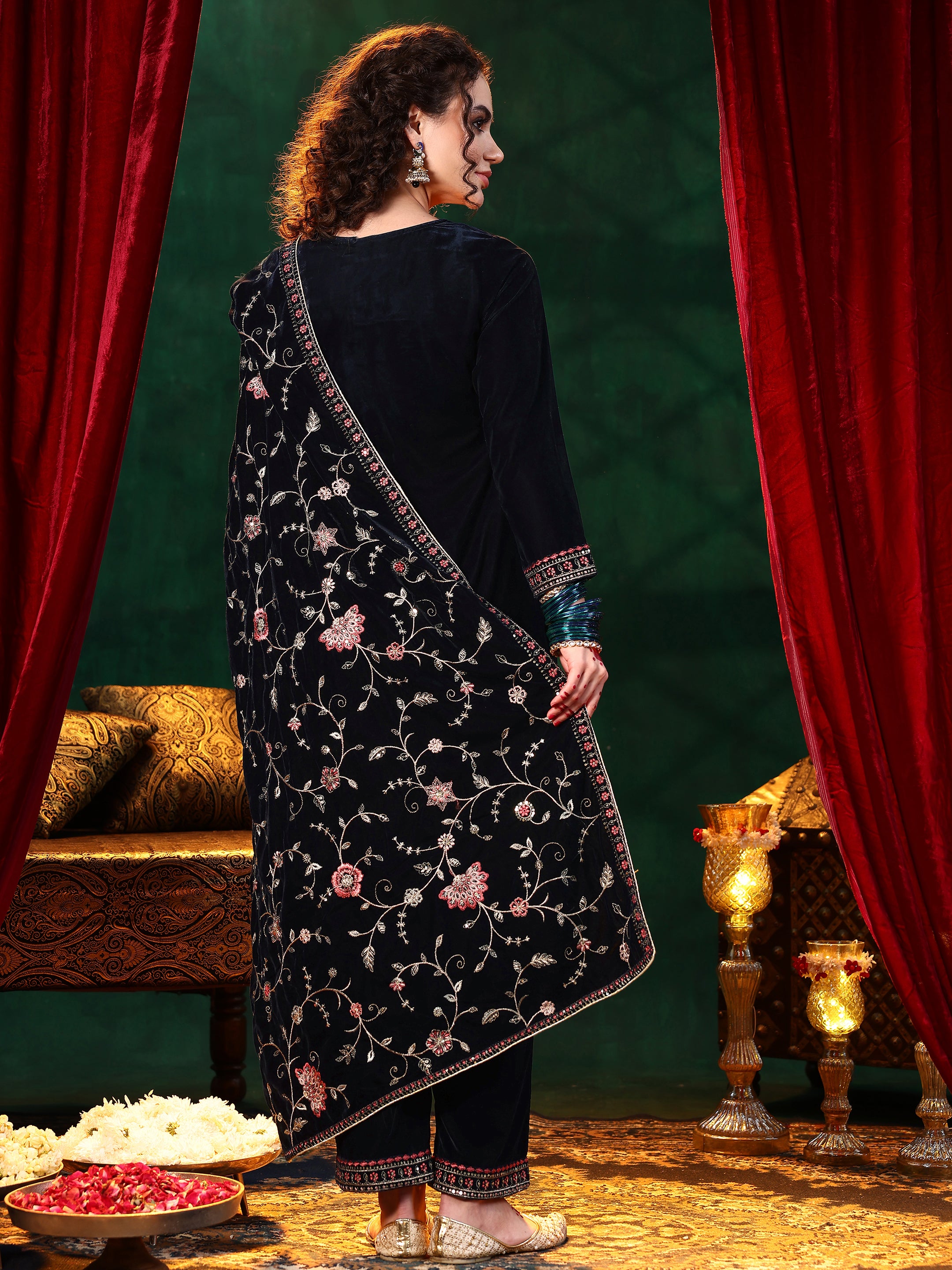 Blue Yoke Design Velvet Straight Suit With Dupatta