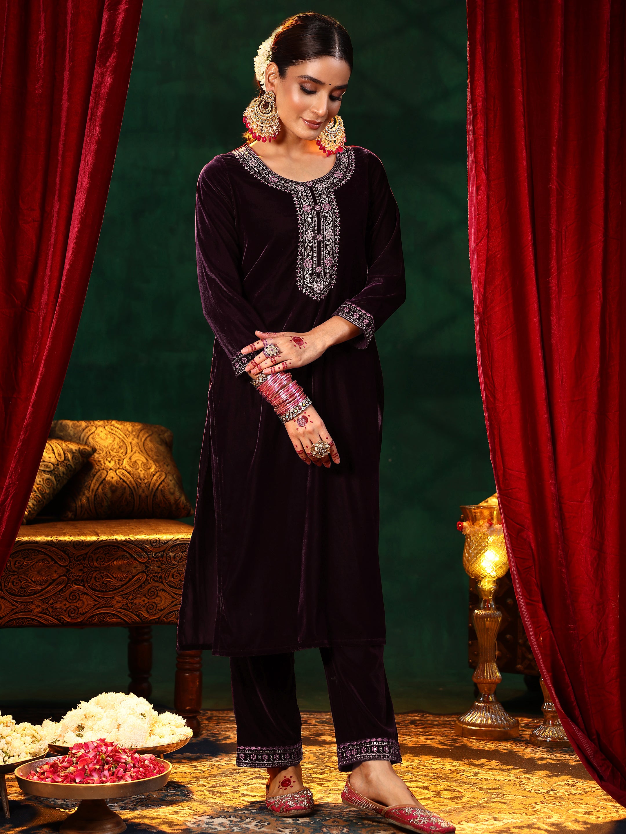 Burgundy Yoke Design Velvet Straight Suit With Dupatta