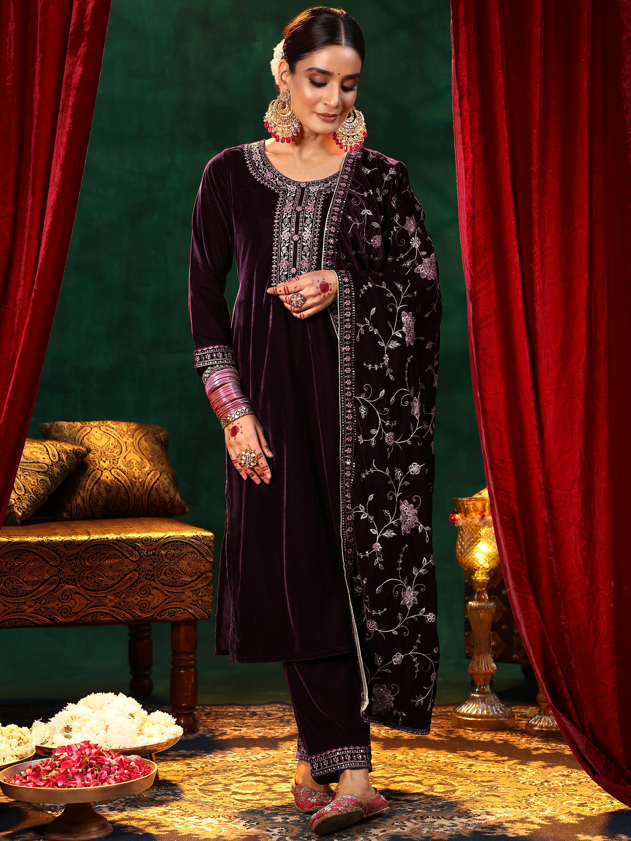 Burgundy Yoke Design Velvet Straight Suit With Dupatta