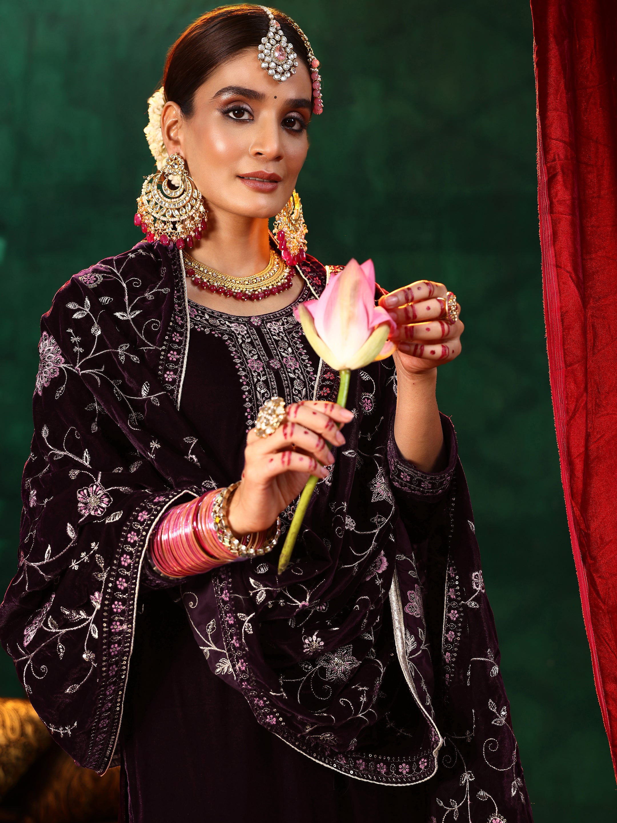 Burgundy Yoke Design Velvet Straight Suit With Dupatta