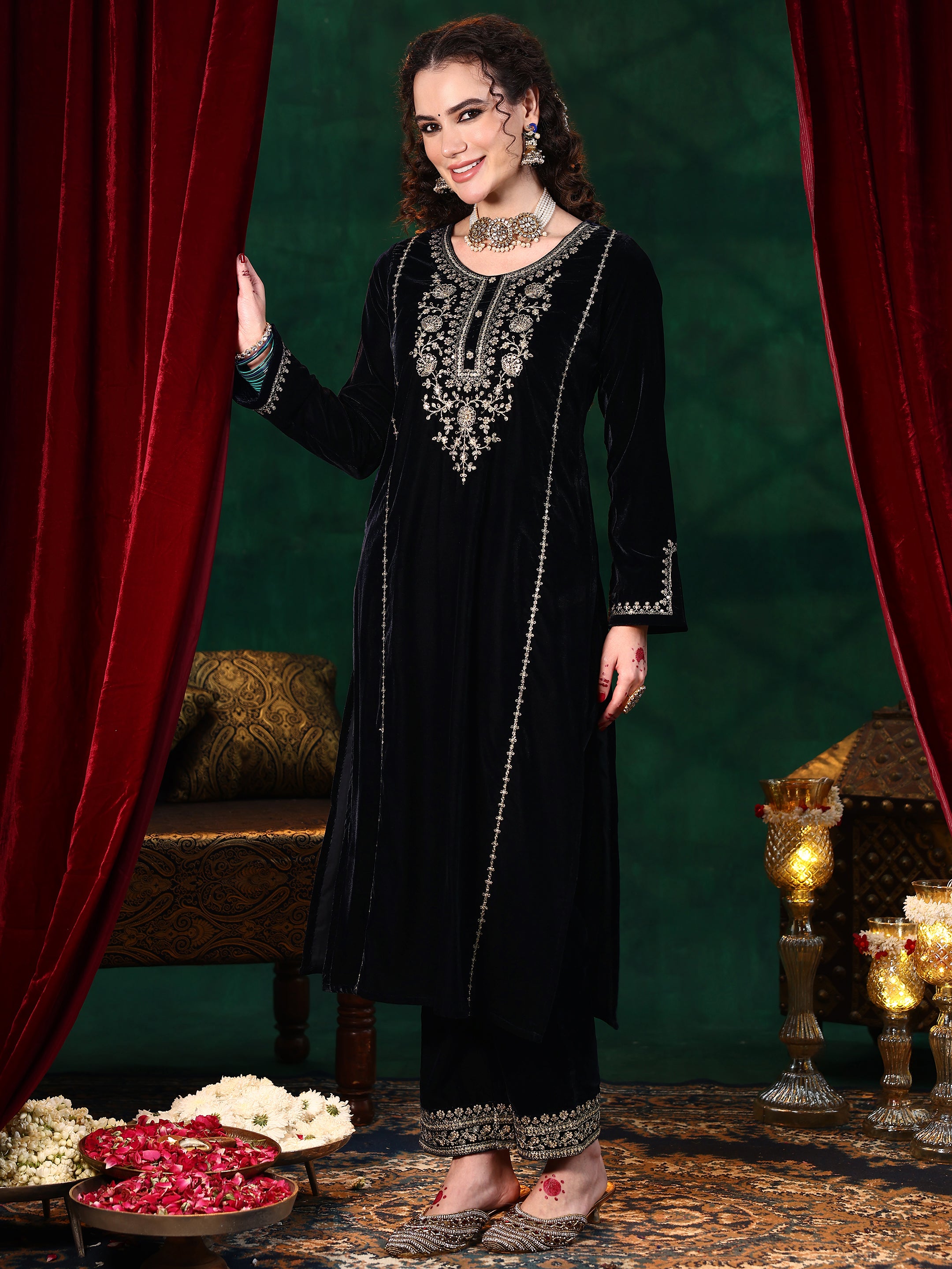 Blue Yoke Design Velvet Straight Suit With Dupatta