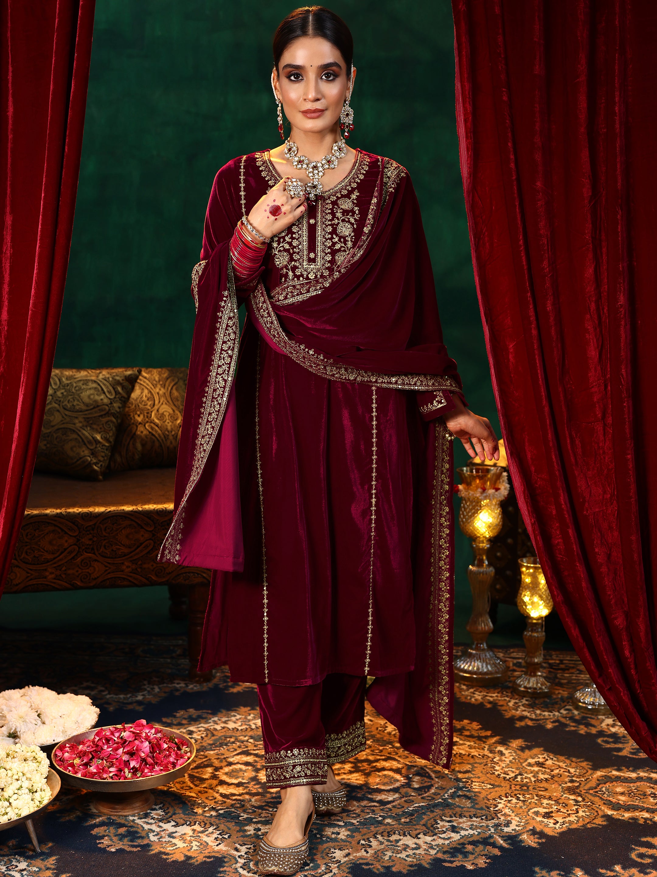 Maroon Yoke Design Velvet Straight Suit With Dupatta