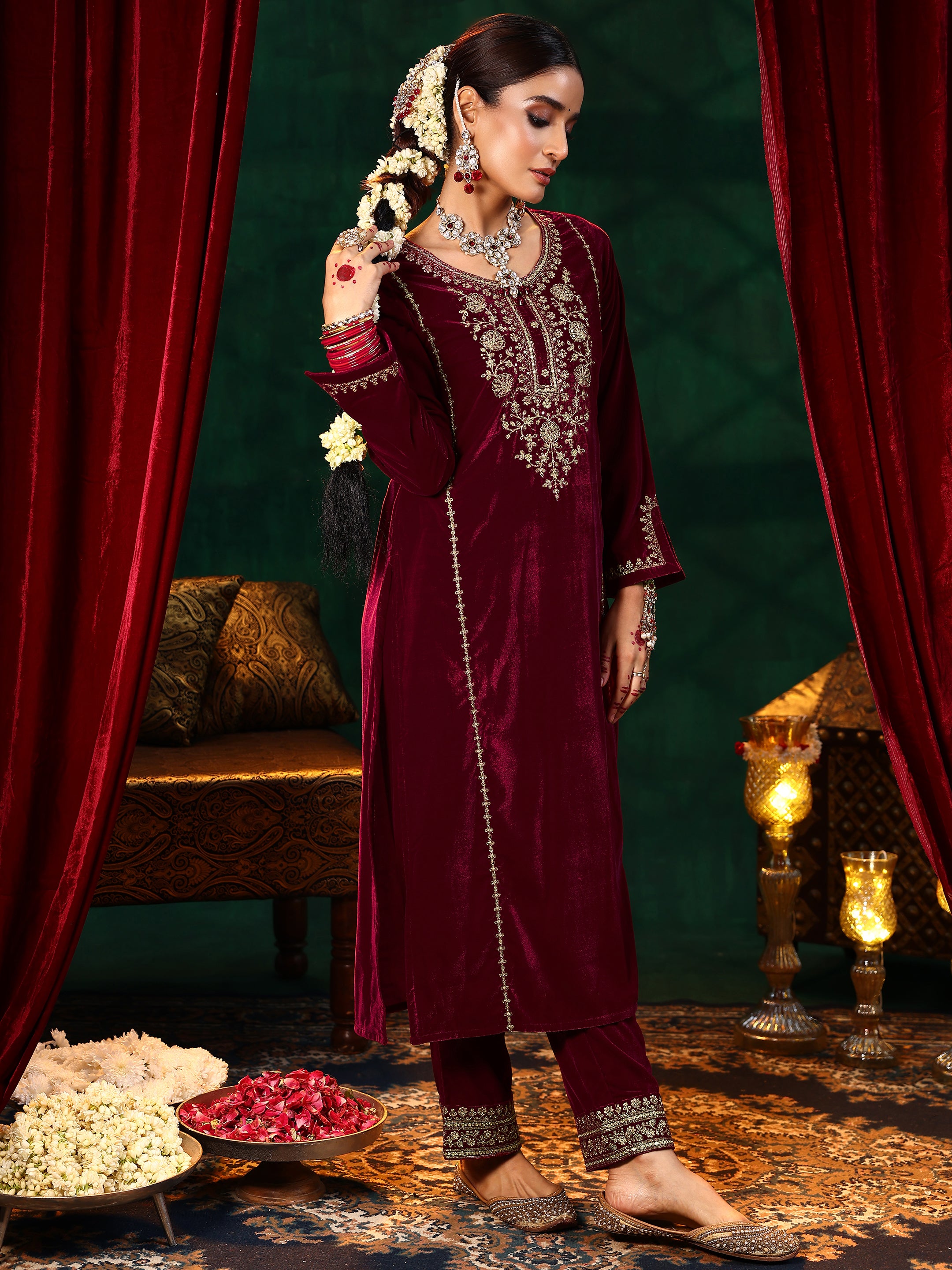 Maroon Yoke Design Velvet Straight Suit With Dupatta