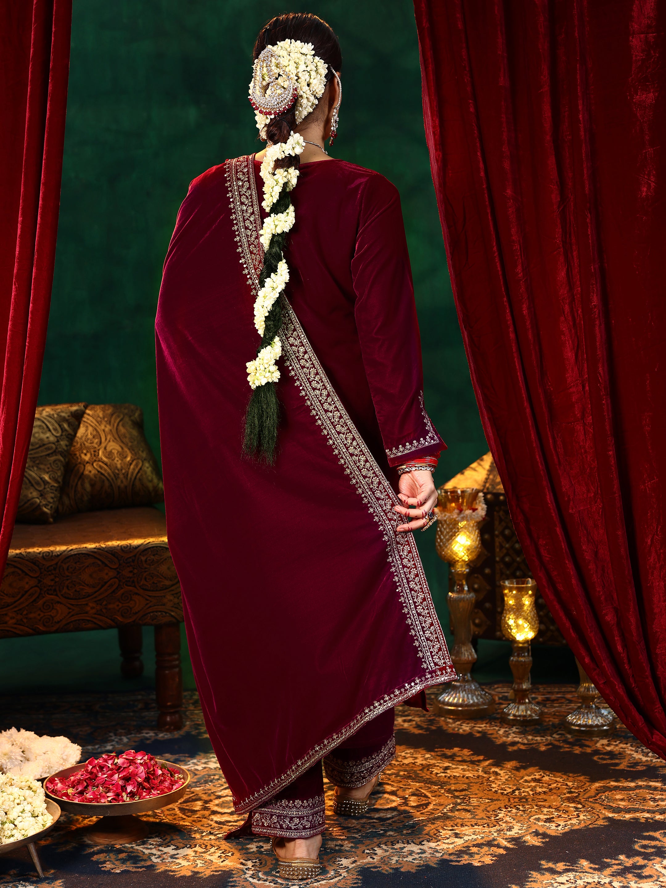 Maroon Yoke Design Velvet Straight Suit With Dupatta