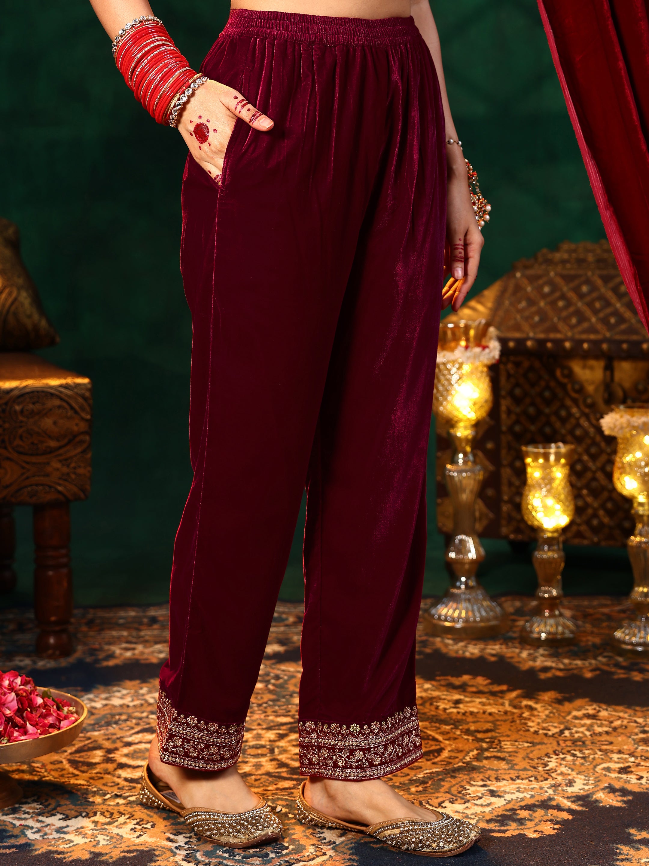 Maroon Yoke Design Velvet Straight Suit With Dupatta