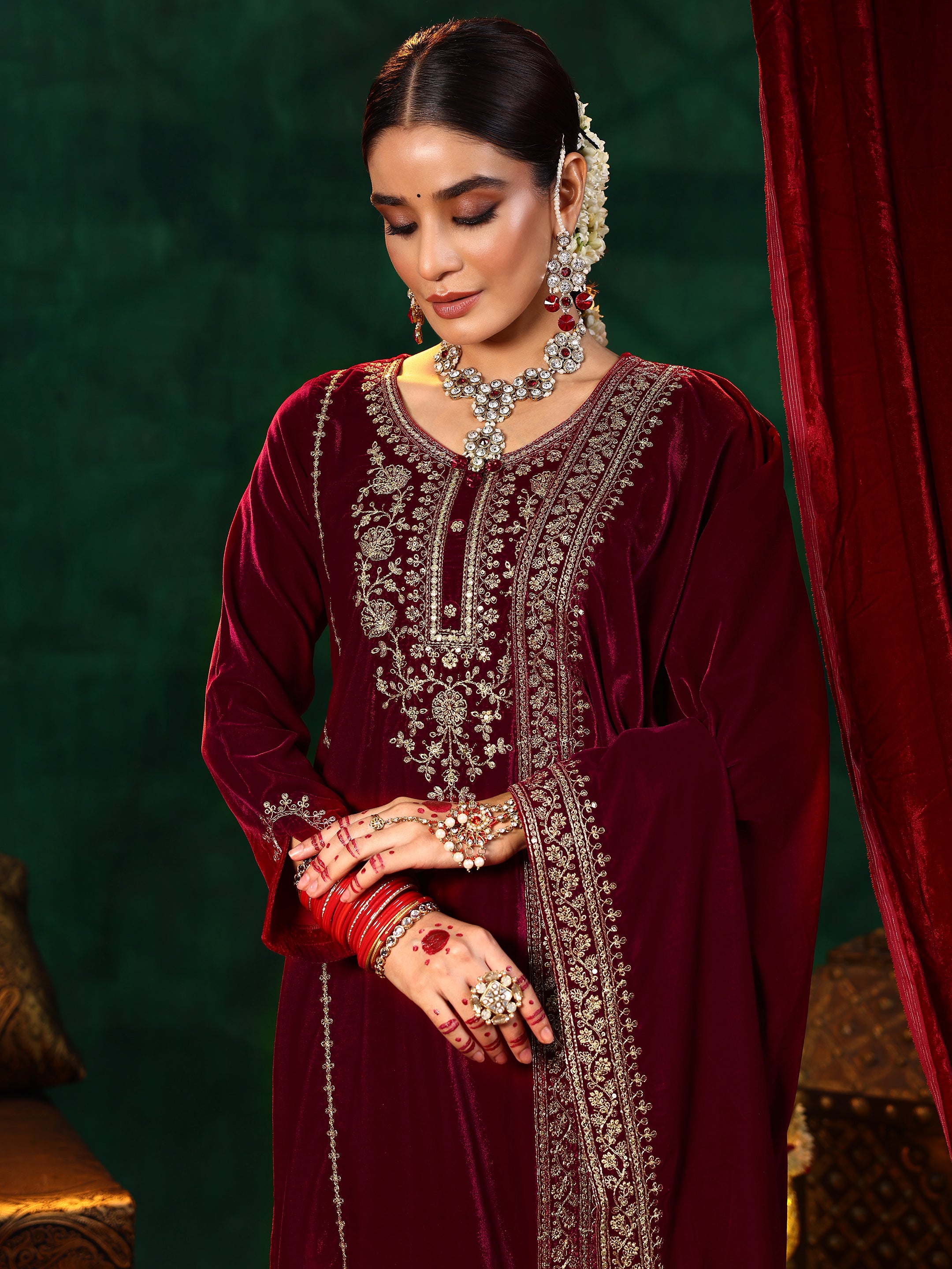 Maroon Yoke Design Velvet Straight Suit With Dupatta