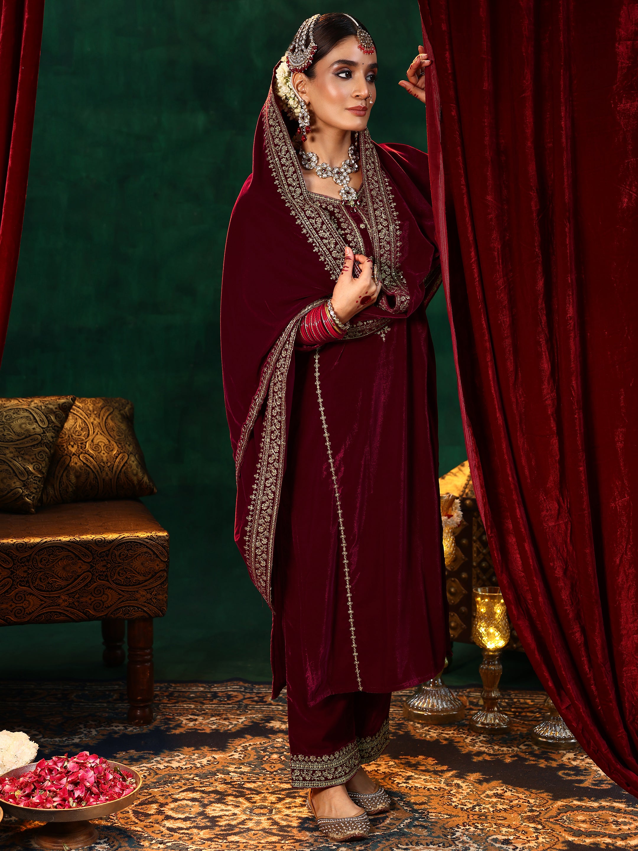 Maroon Yoke Design Velvet Straight Suit With Dupatta