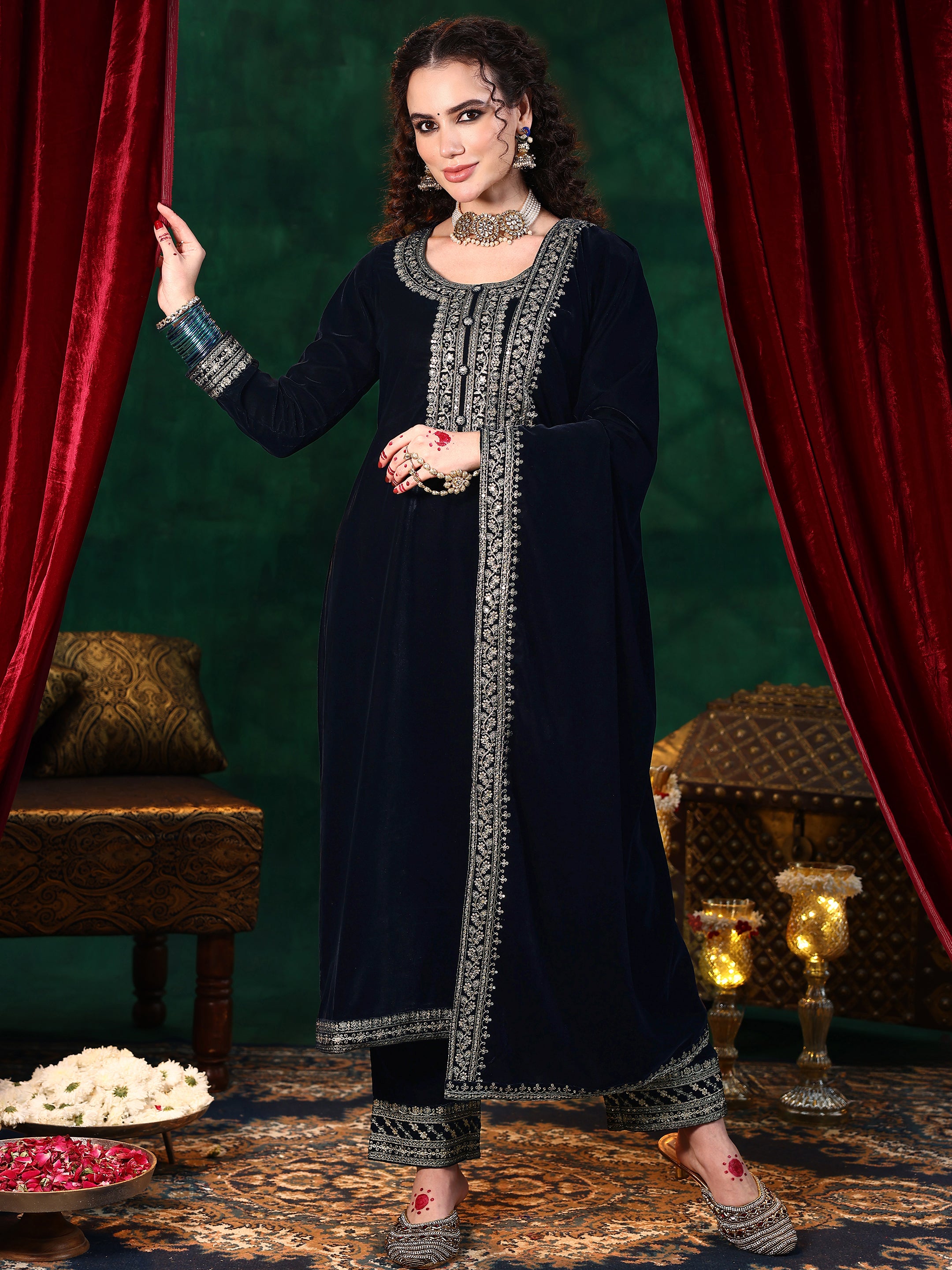 Blue Embroidered Velvet Straight Suit With Dupatta