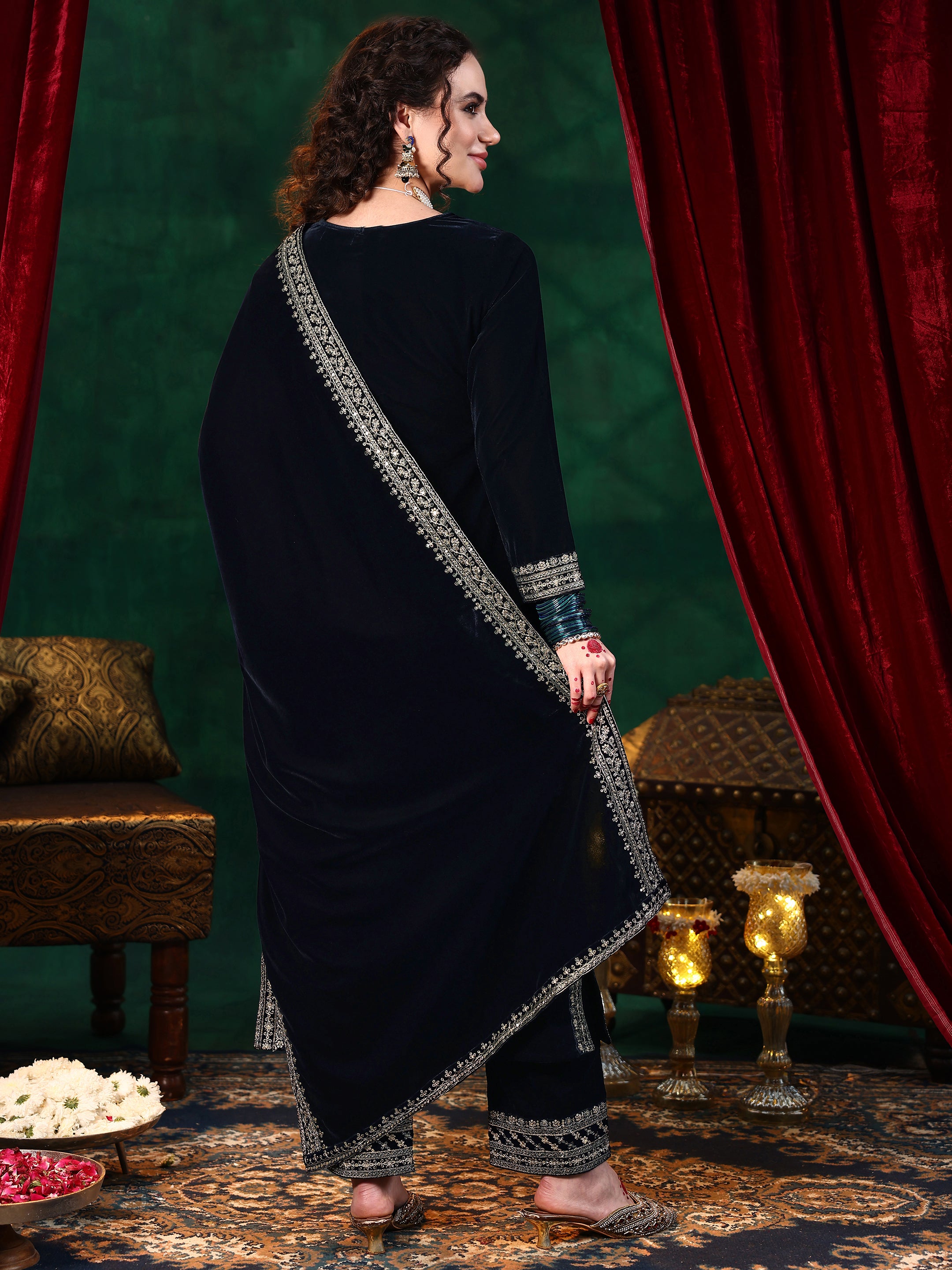 Blue Embroidered Velvet Straight Suit With Dupatta