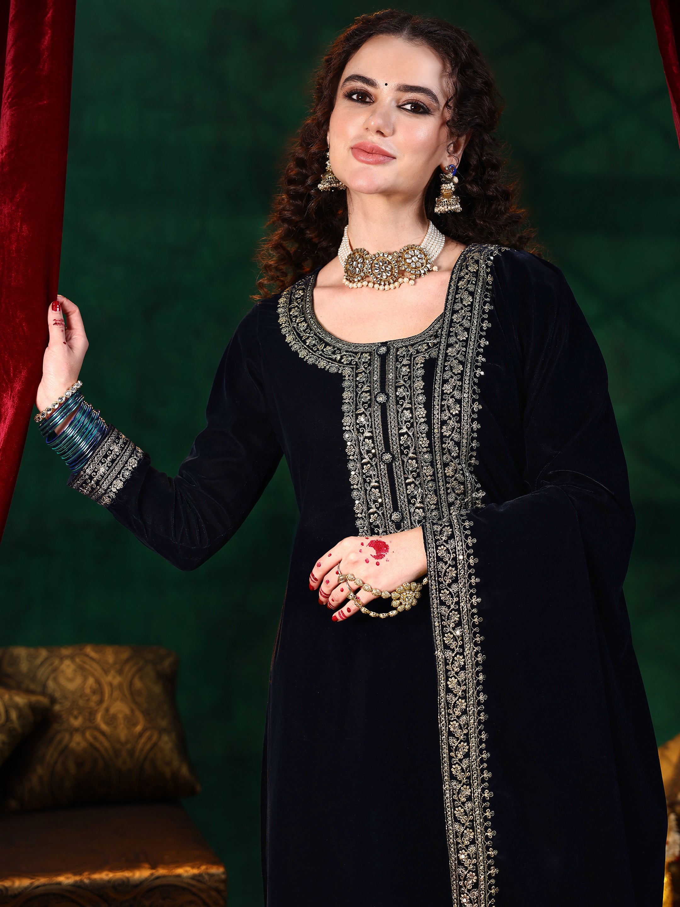 Blue Embroidered Velvet Straight Suit With Dupatta