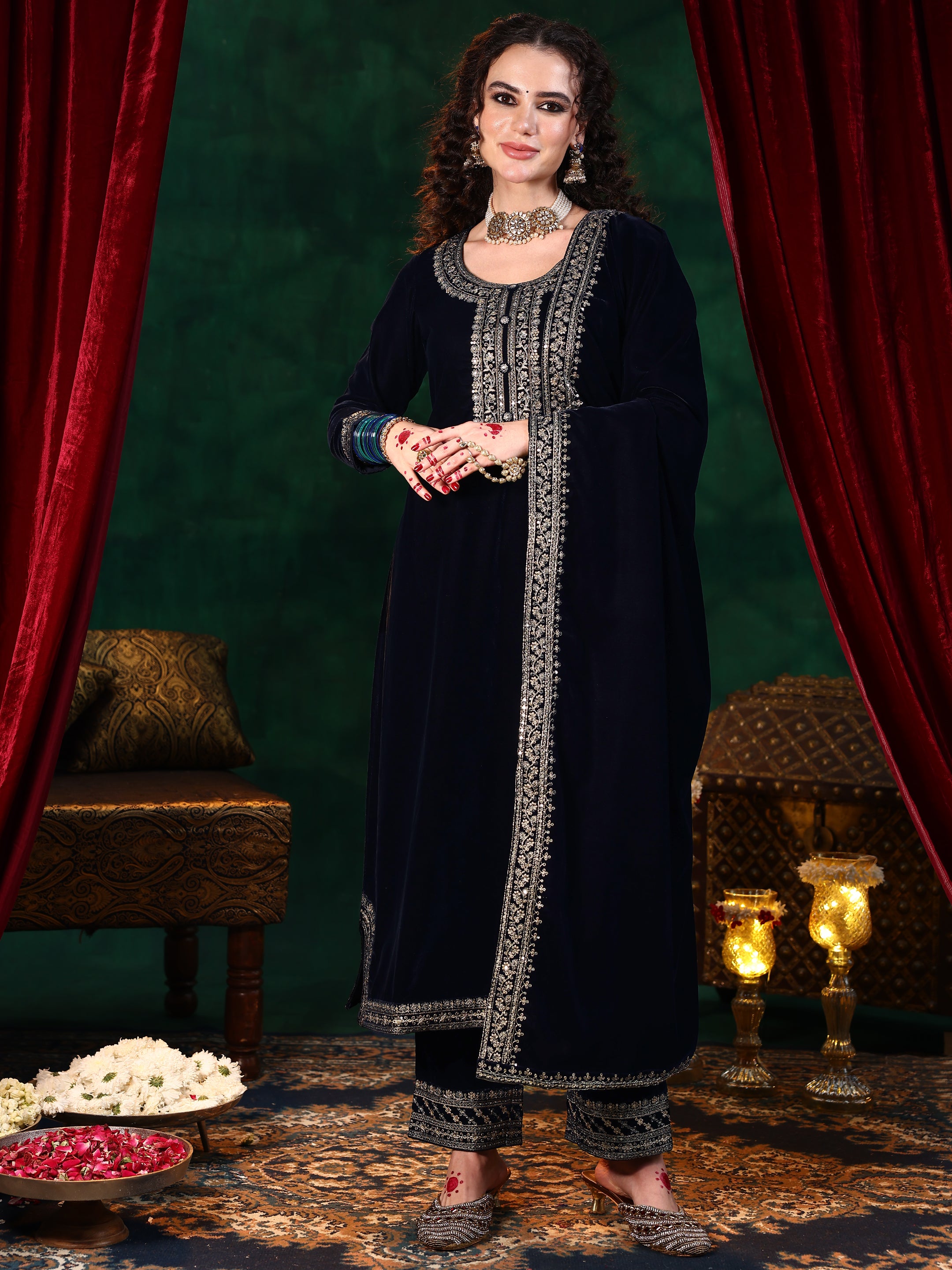 Blue Embroidered Velvet Straight Suit With Dupatta