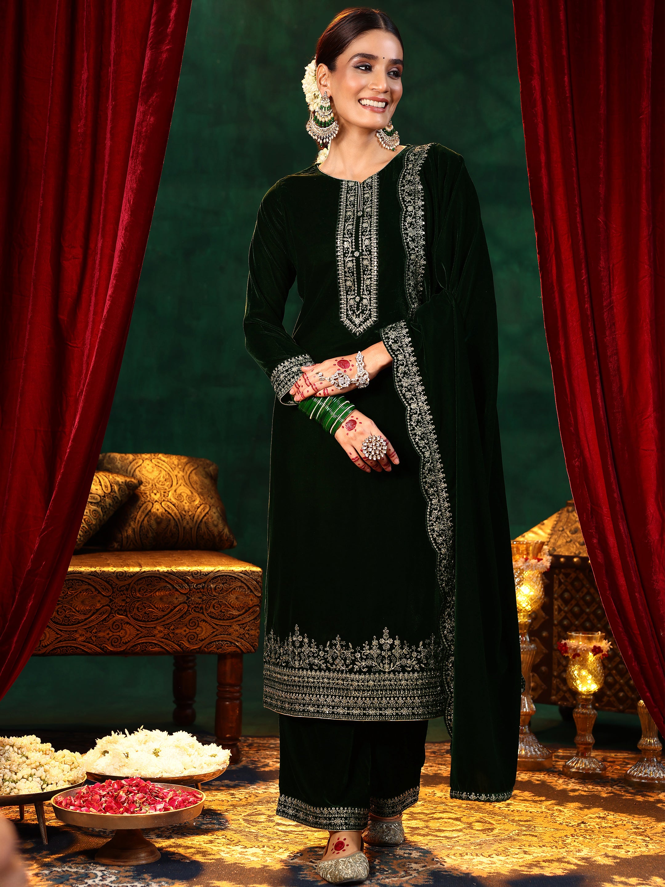 Green Embroidered Velvet Straight Suit With Dupatta