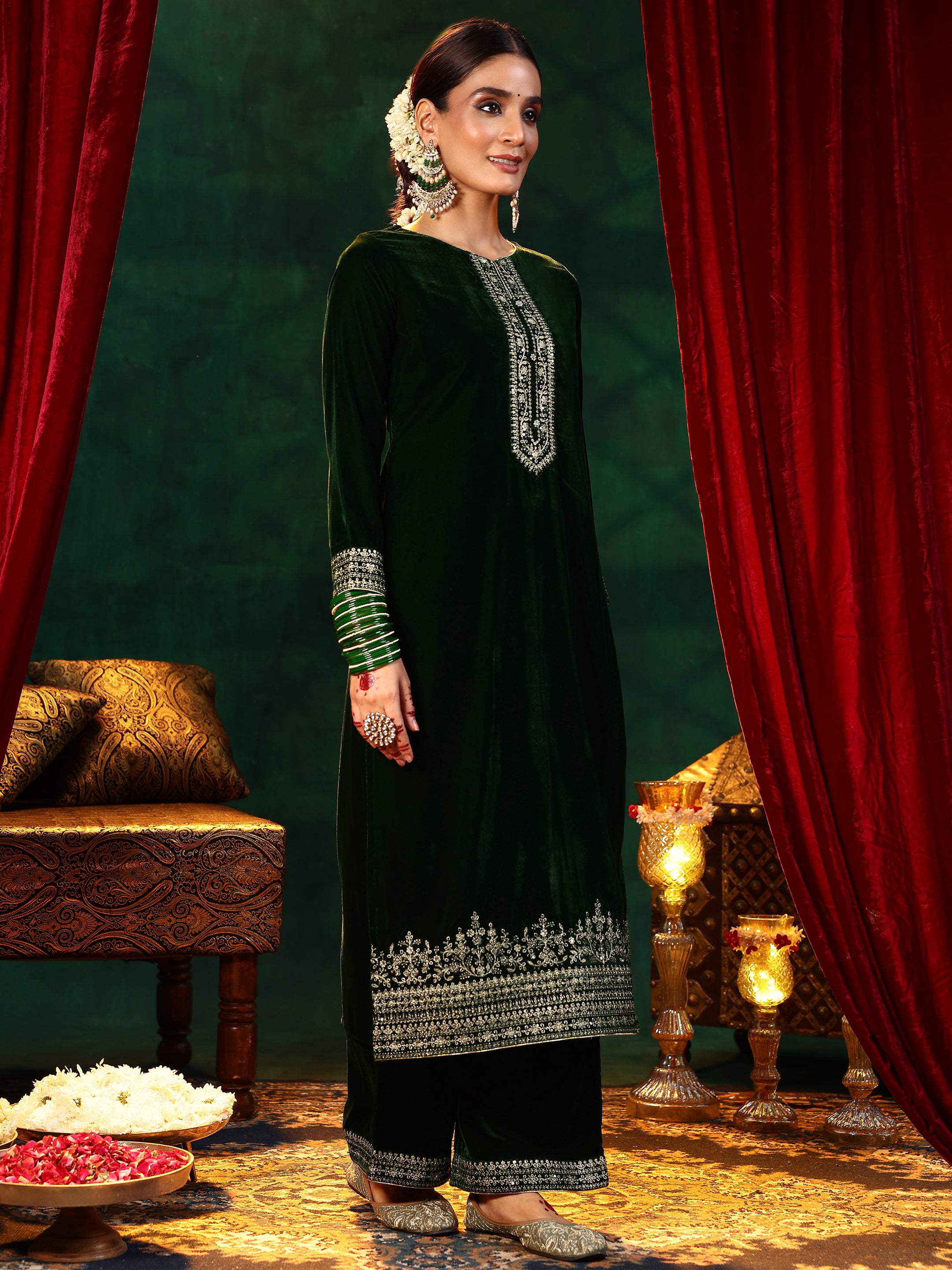 Green Embroidered Velvet Straight Suit With Dupatta