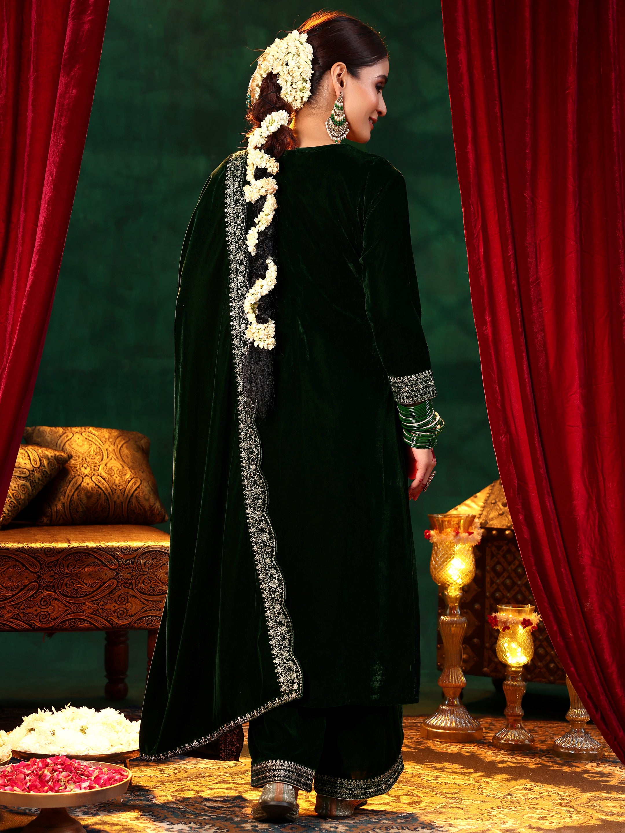 Green Embroidered Velvet Straight Suit With Dupatta