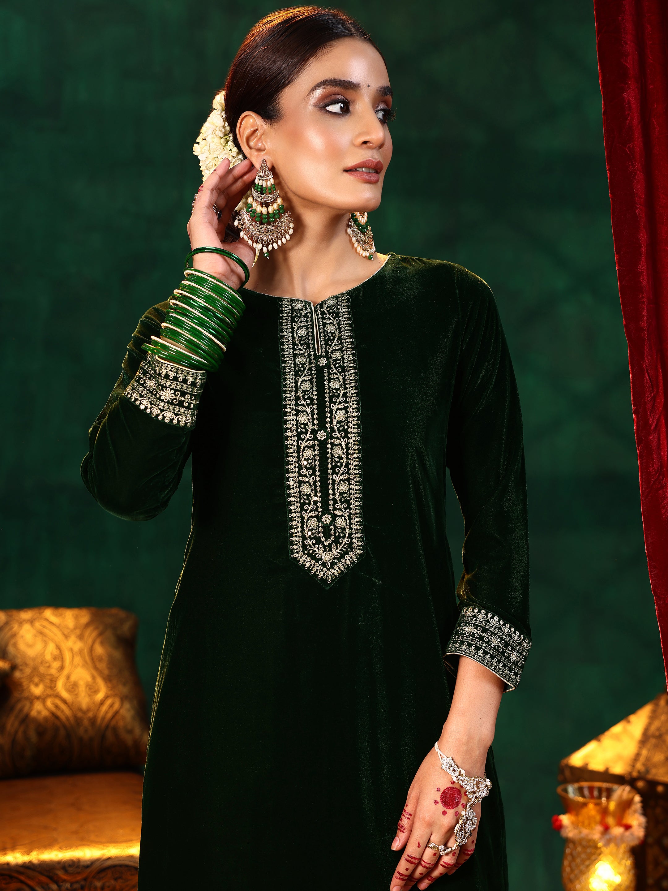 Green Embroidered Velvet Straight Suit With Dupatta