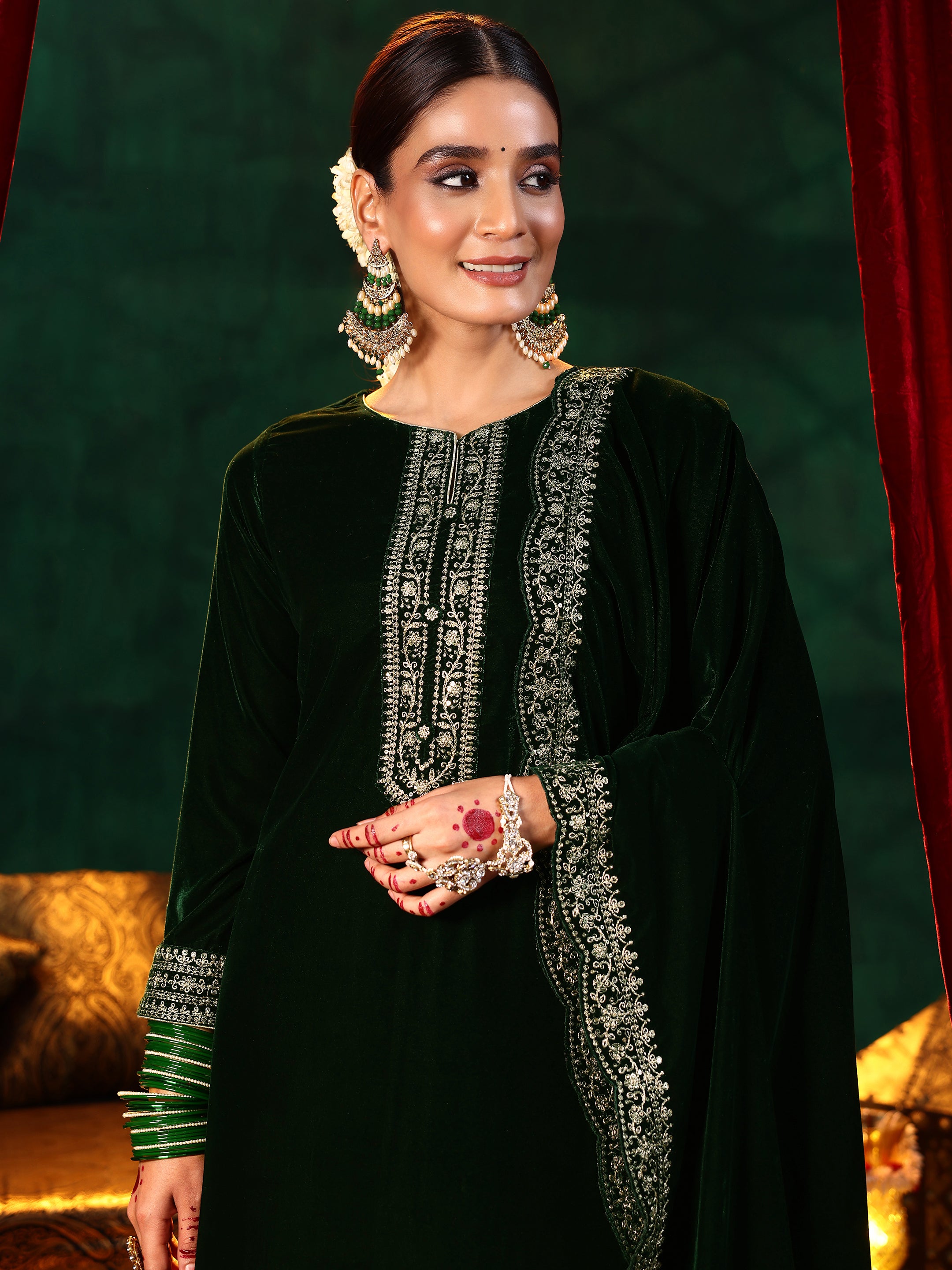 Green Embroidered Velvet Straight Suit With Dupatta