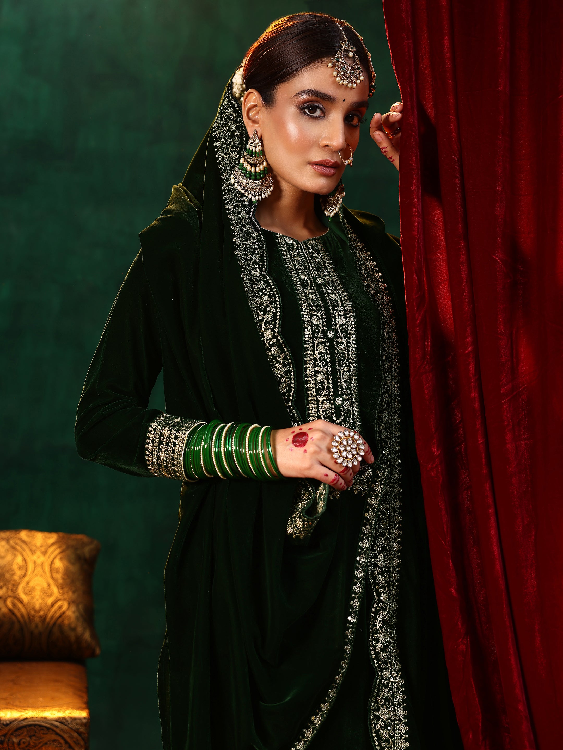 Green Embroidered Velvet Straight Suit With Dupatta