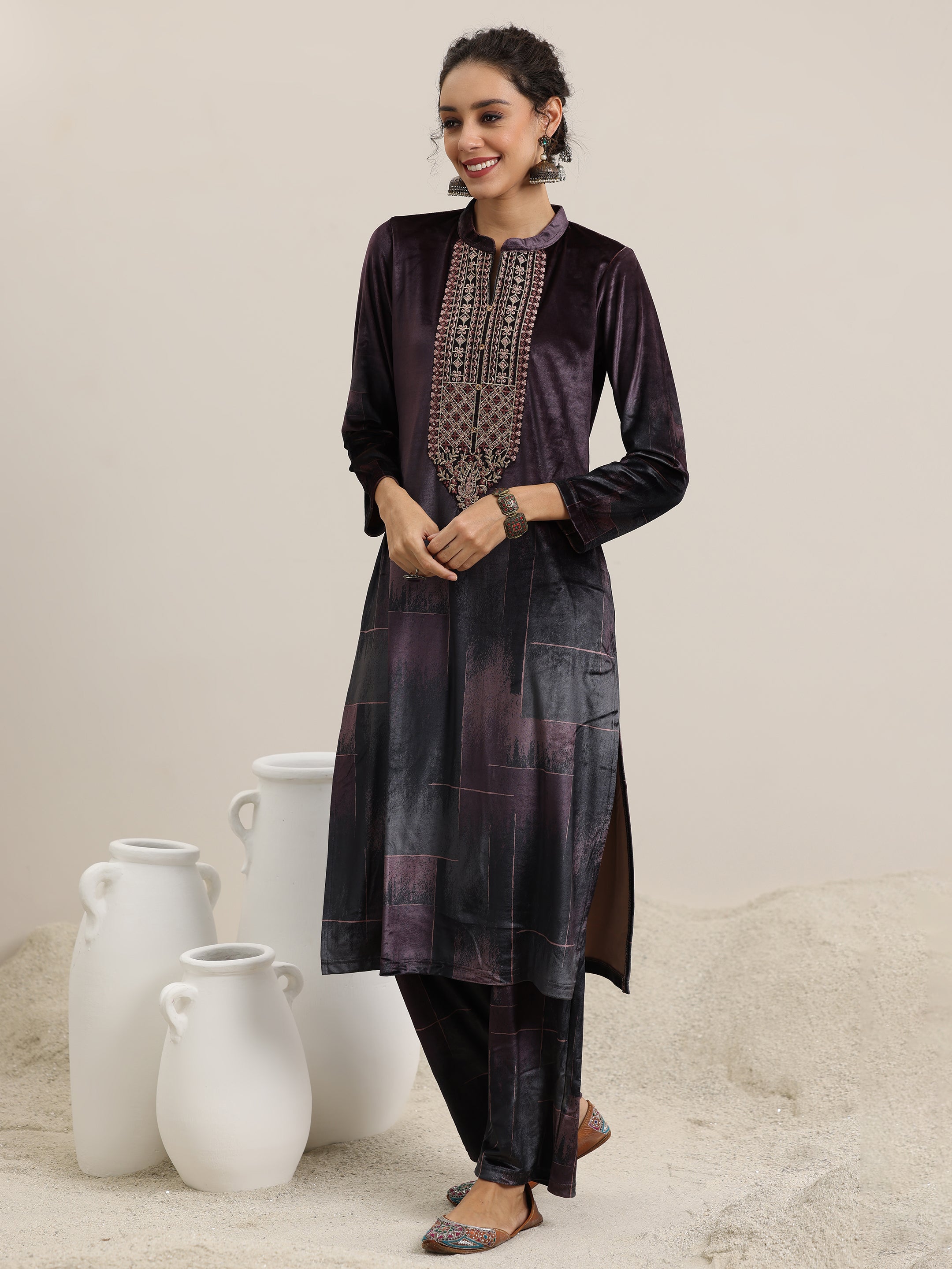 Brown Printed Velvet Straight Suit With Dupatta