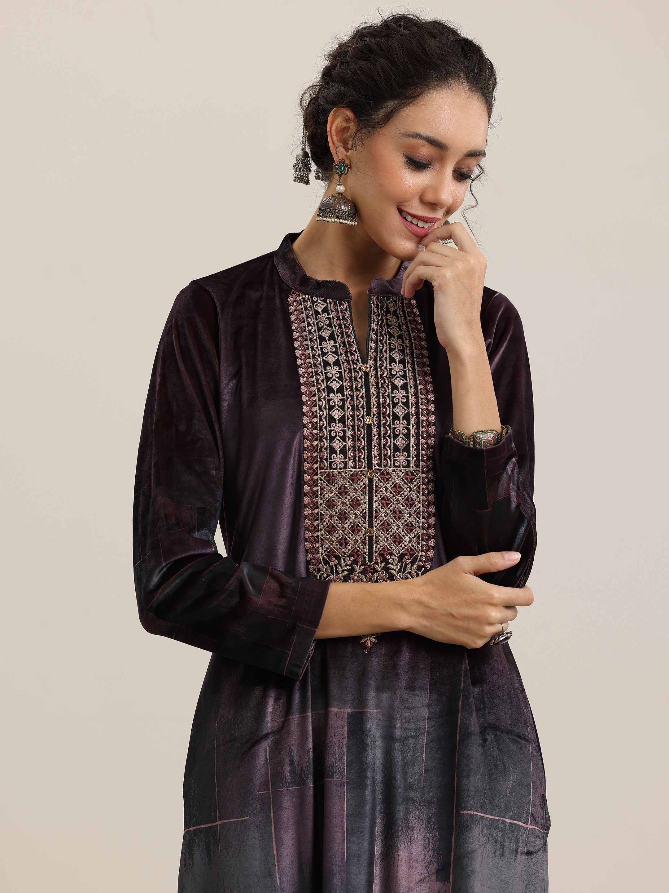 Brown Printed Velvet Straight Suit With Dupatta