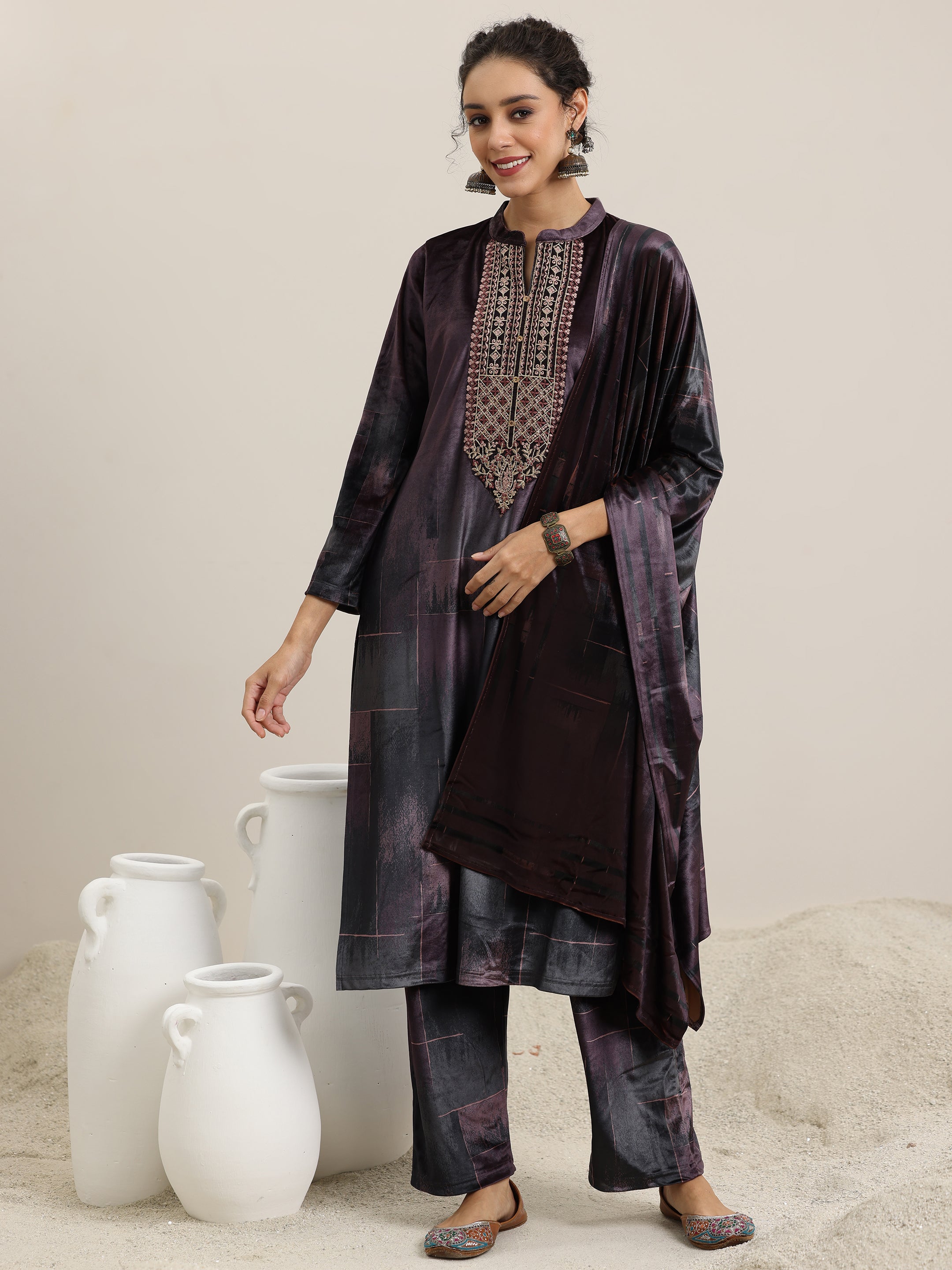 Brown Printed Velvet Straight Suit With Dupatta