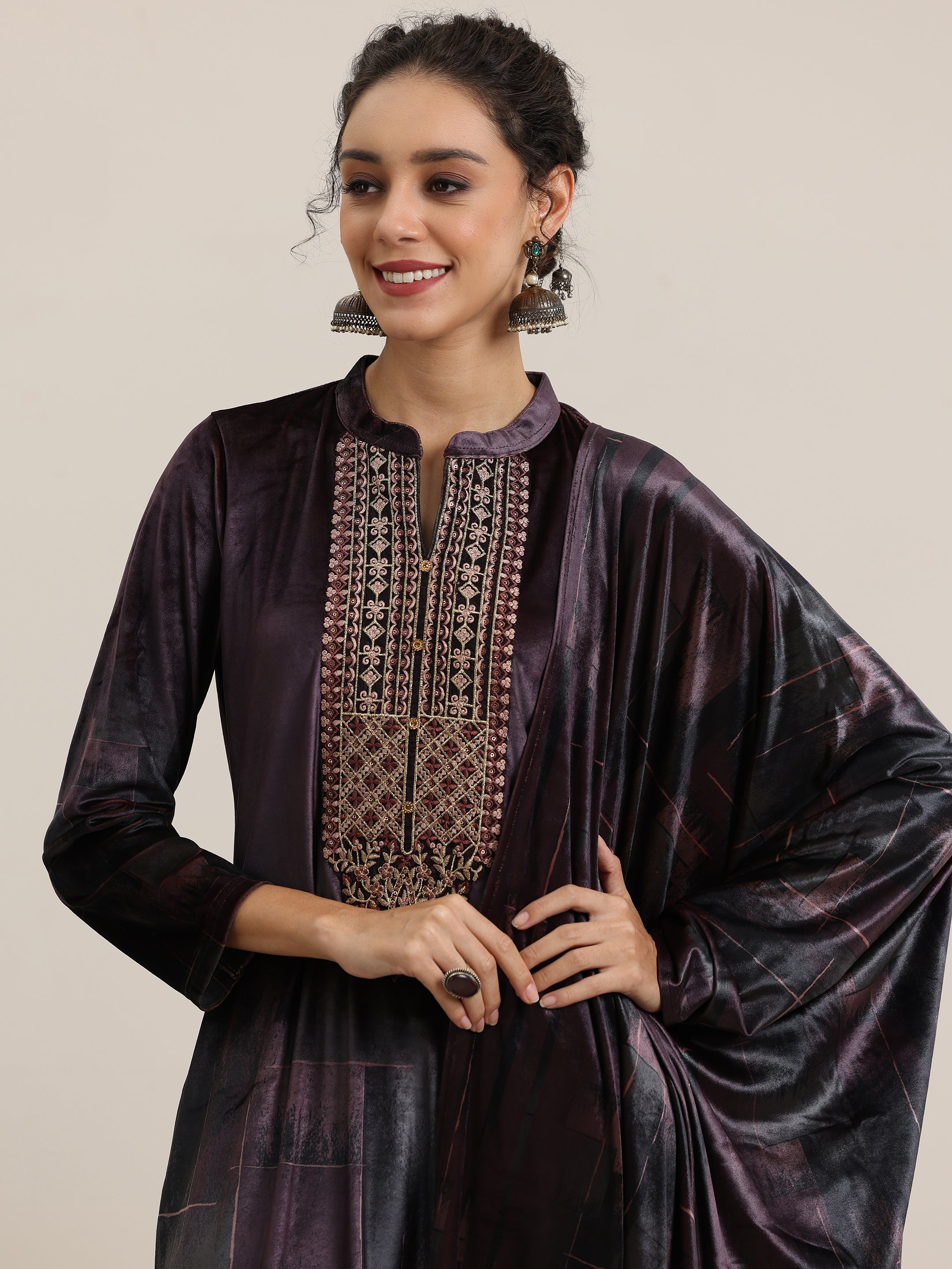 Brown Printed Velvet Straight Suit With Dupatta