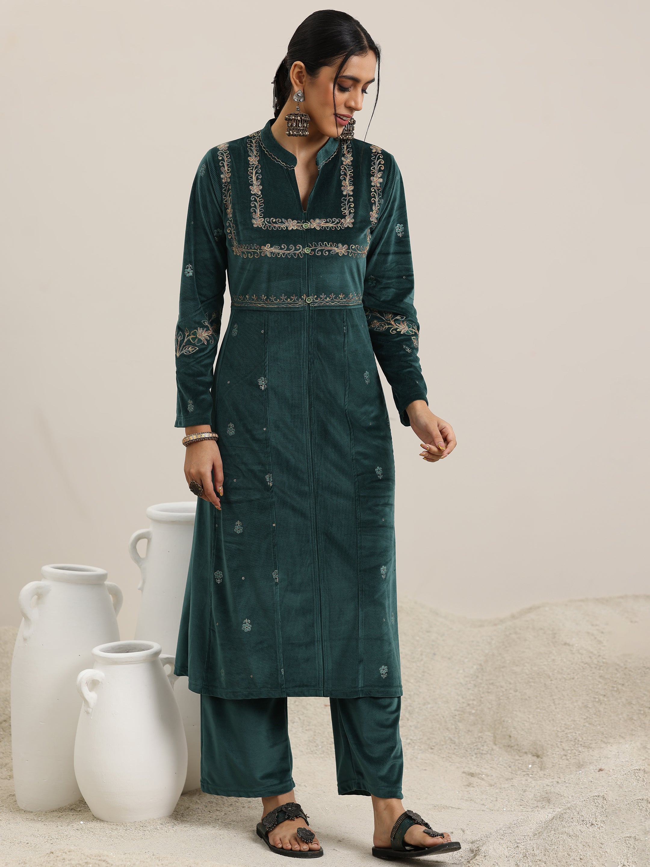 Green Embroidered Velvet A-Line Kurta With Trousers & Dupatta