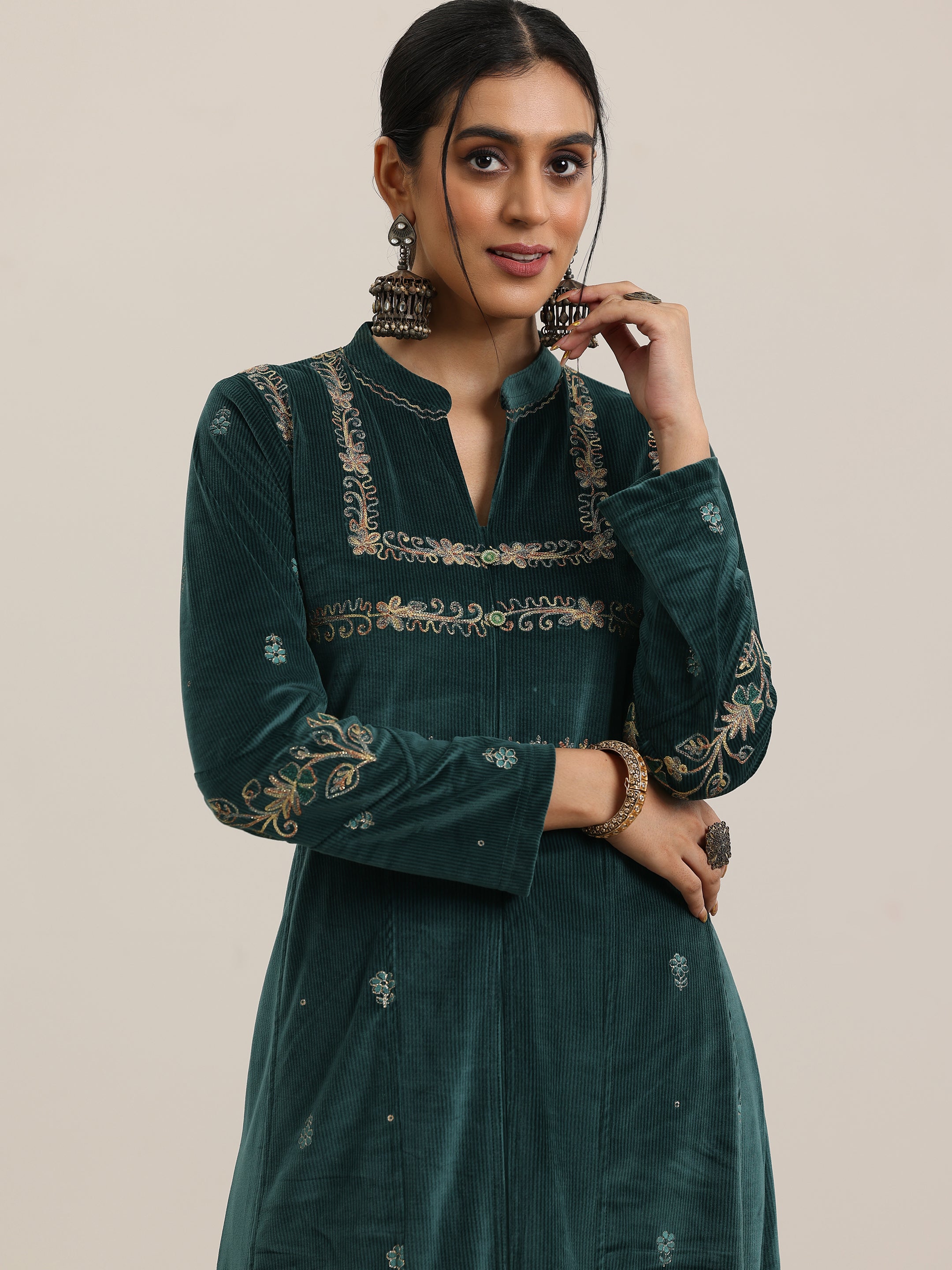 Green Embroidered Velvet A-Line Kurta With Trousers & Dupatta