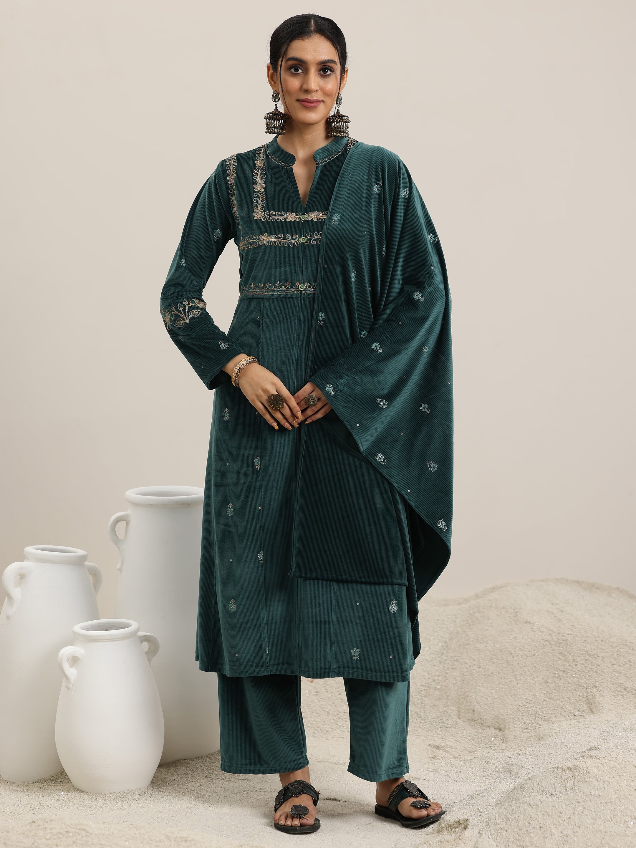 Green Embroidered Velvet A-Line Kurta With Trousers & Dupatta