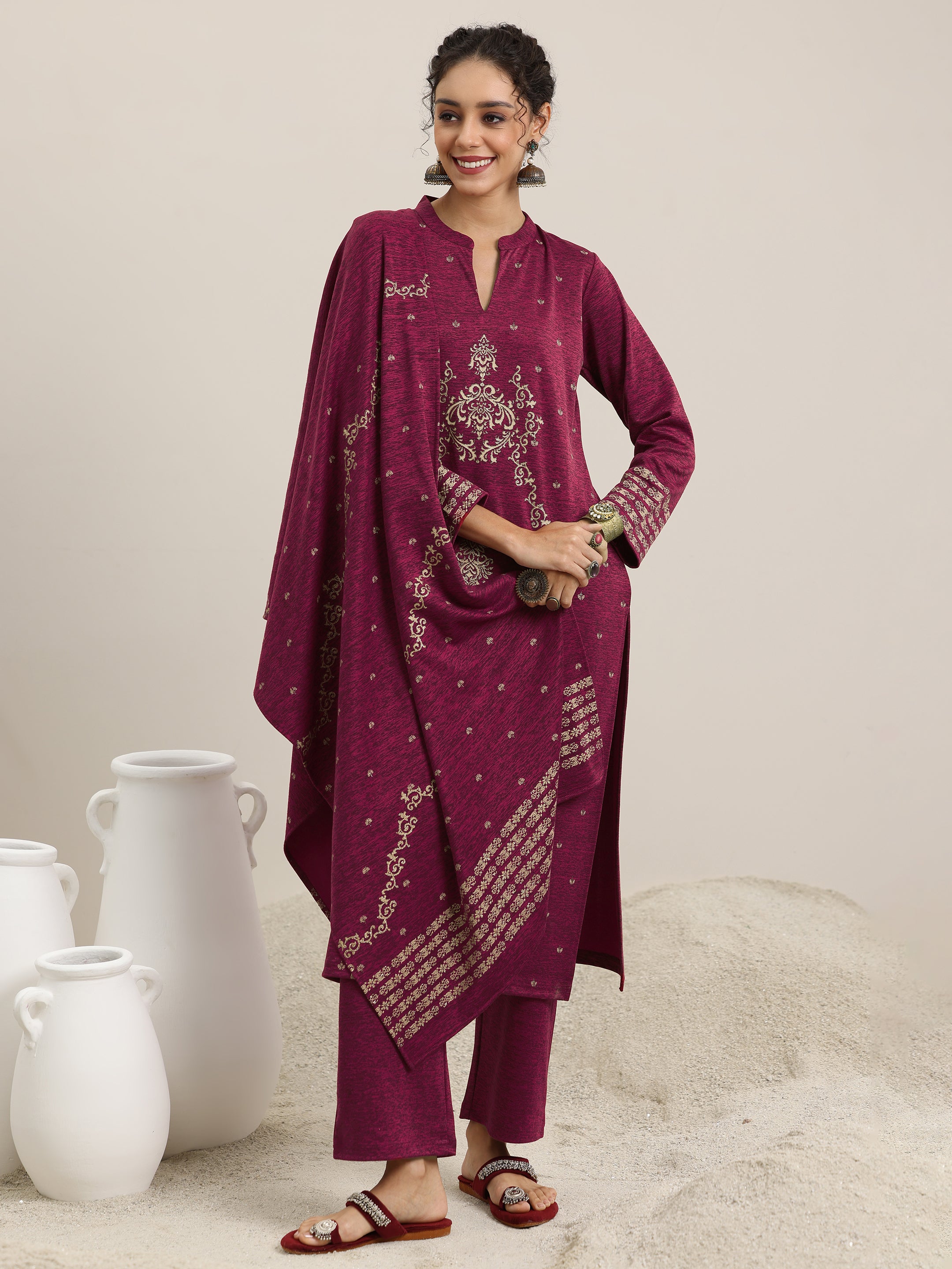 Pink Woven Design Wool Blend Straight Suit With Dupatta