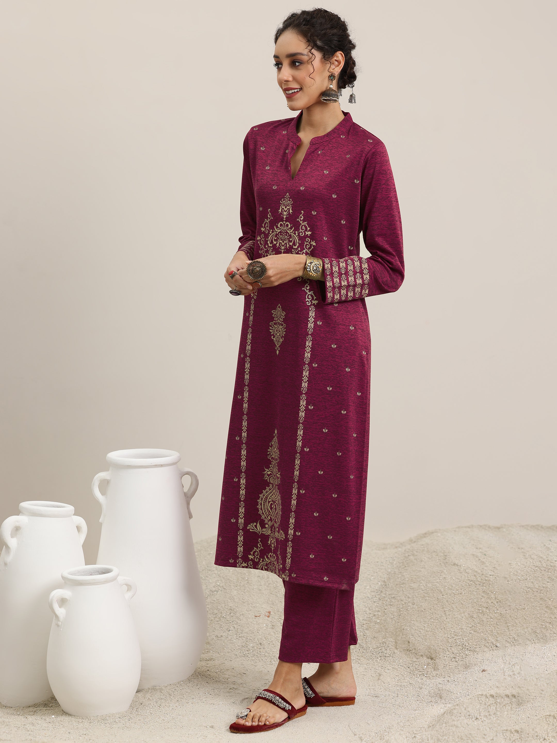 Pink Woven Design Wool Blend Straight Suit With Dupatta