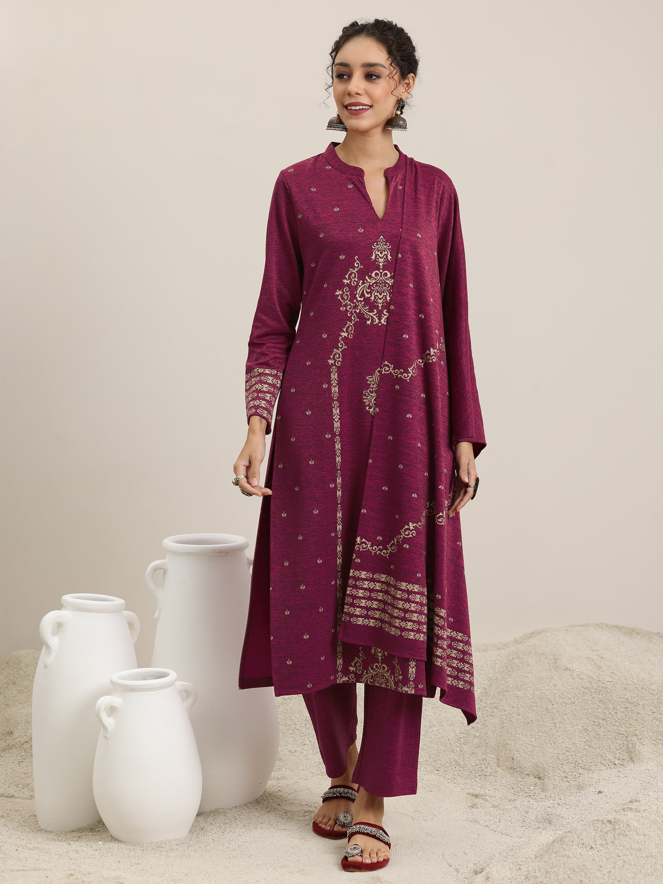 Pink Woven Design Wool Blend Straight Suit With Dupatta