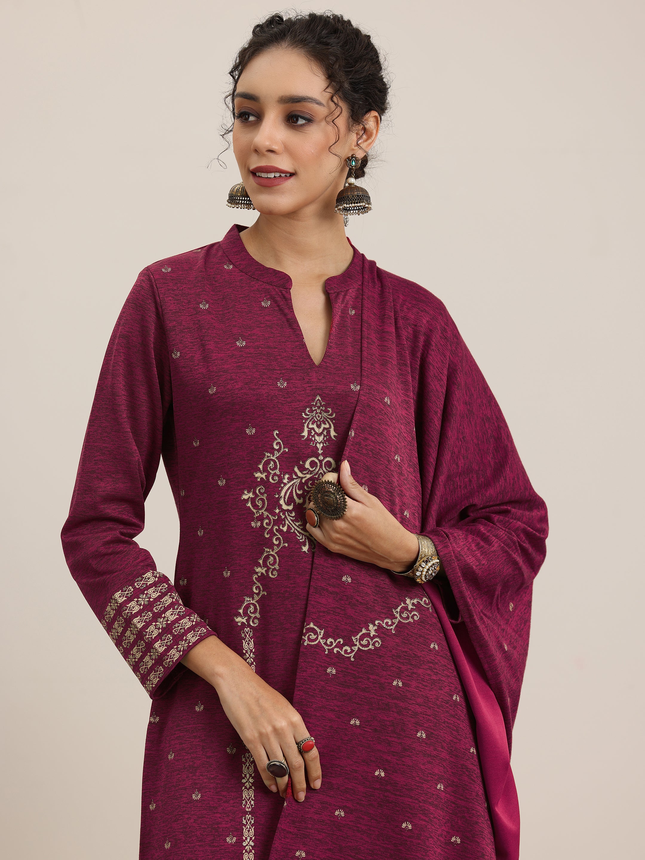 Pink Woven Design Wool Blend Straight Suit With Dupatta