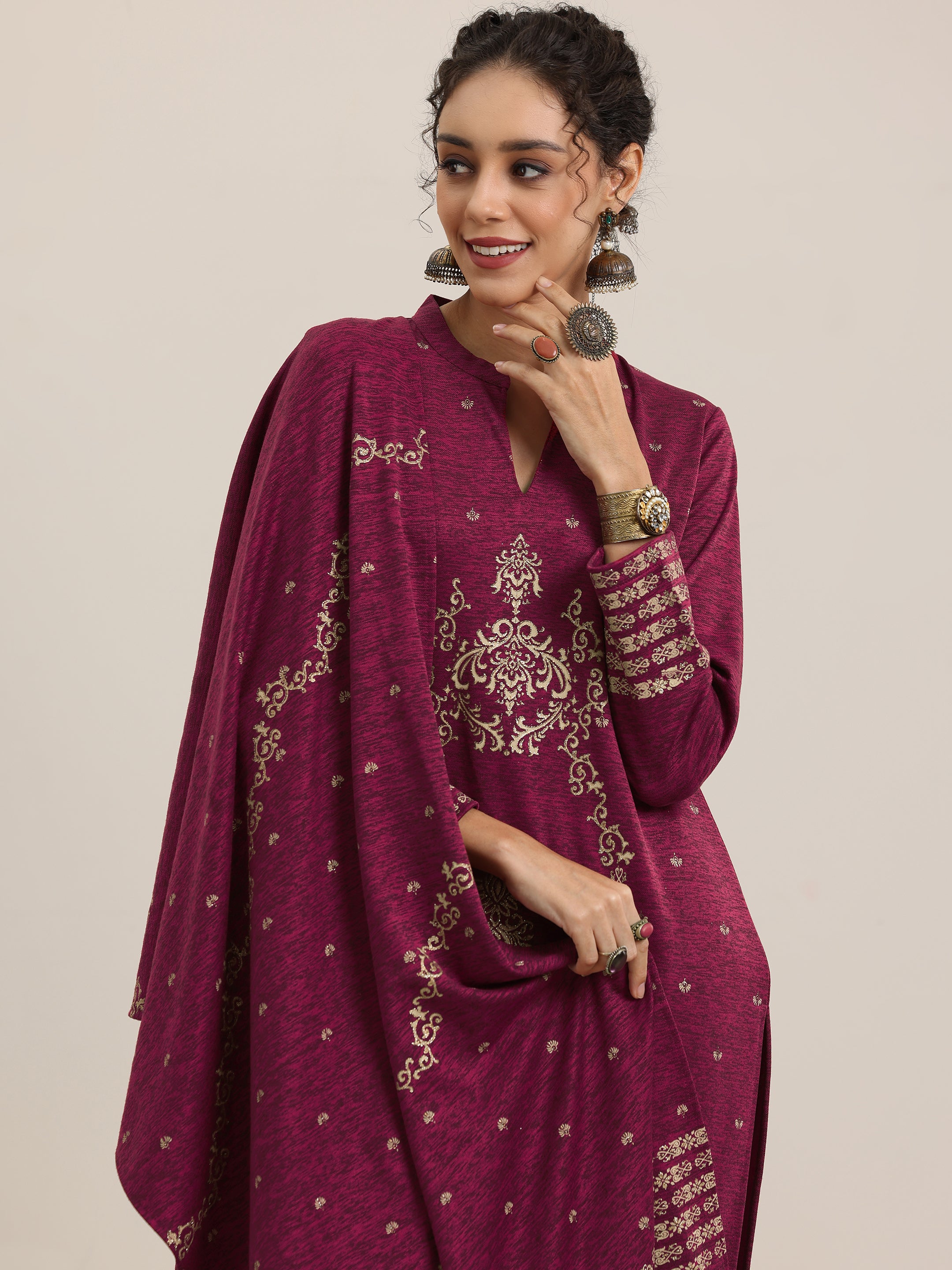 Pink Woven Design Wool Blend Straight Suit With Dupatta