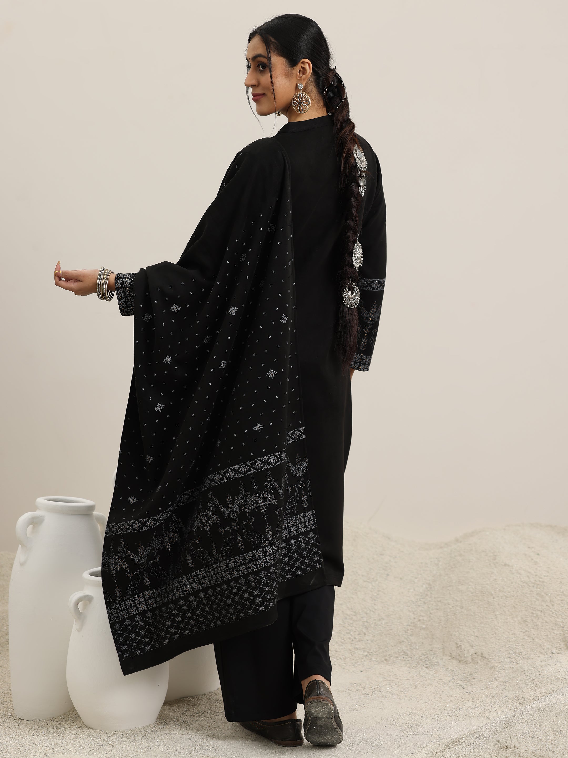 Black Printed Wool Blend Straight Suit With Dupatta