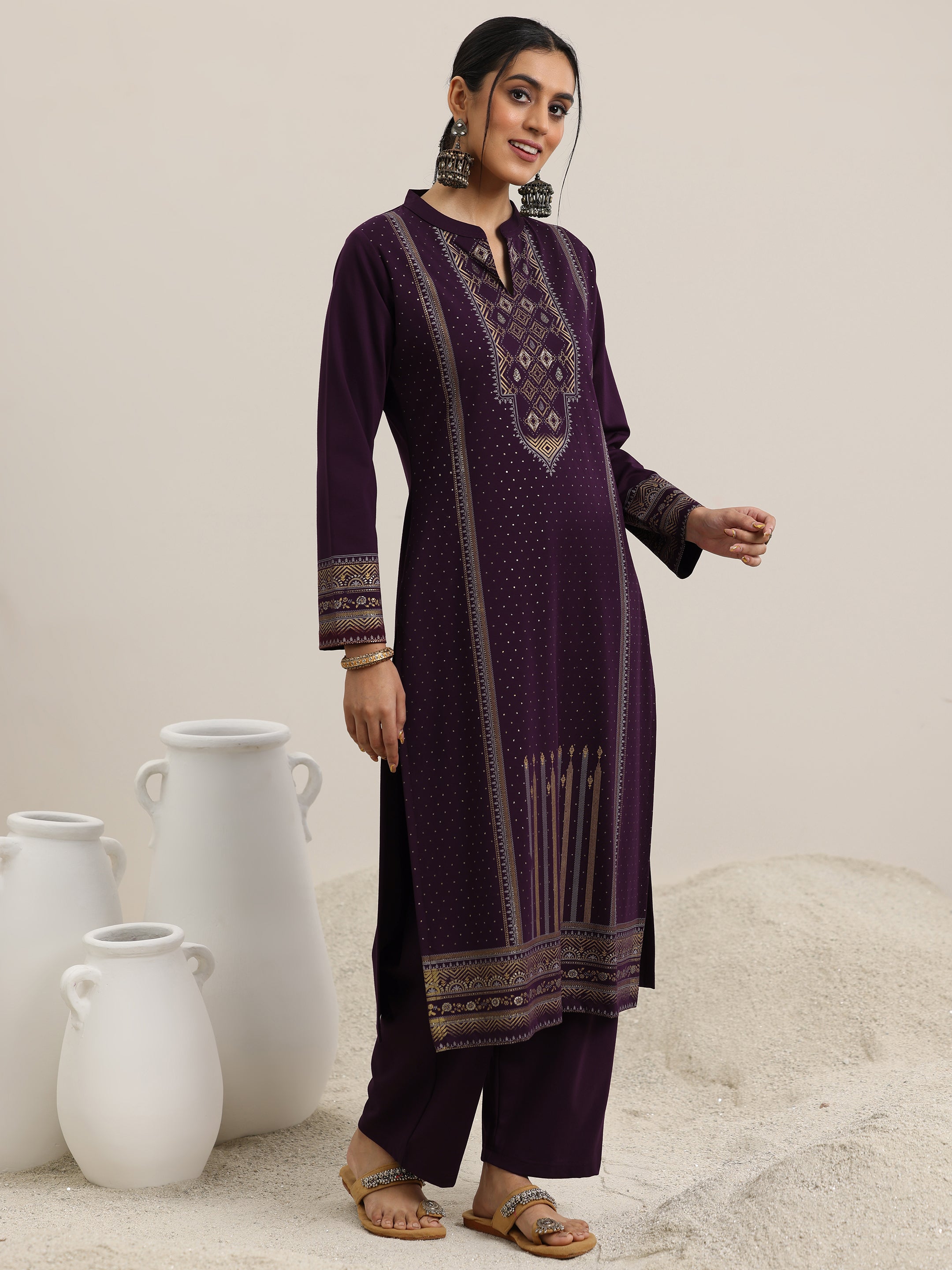 Burgundy Woven Design Wool Blend Straight Suit With Dupatta