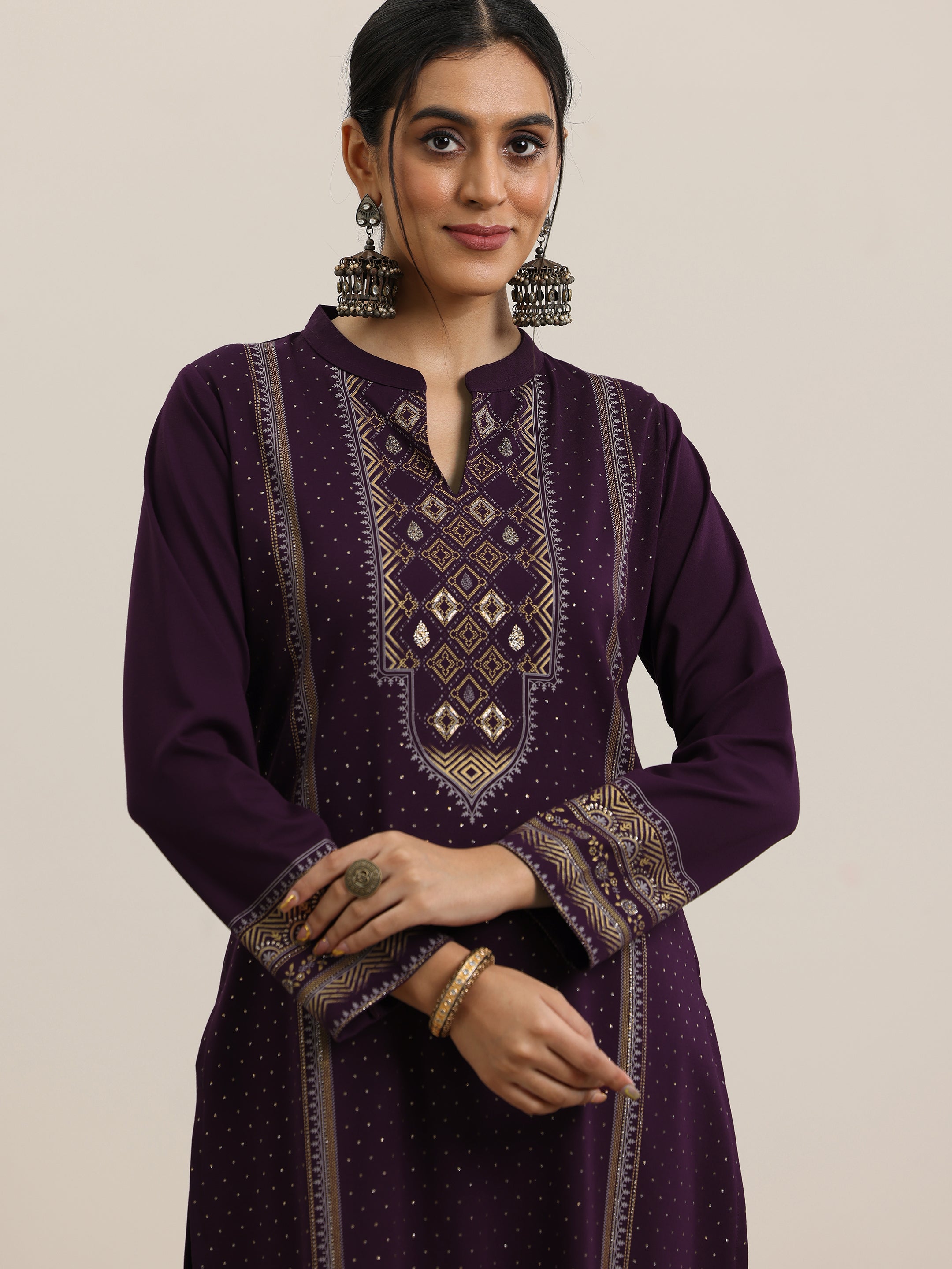 Burgundy Woven Design Wool Blend Straight Suit With Dupatta