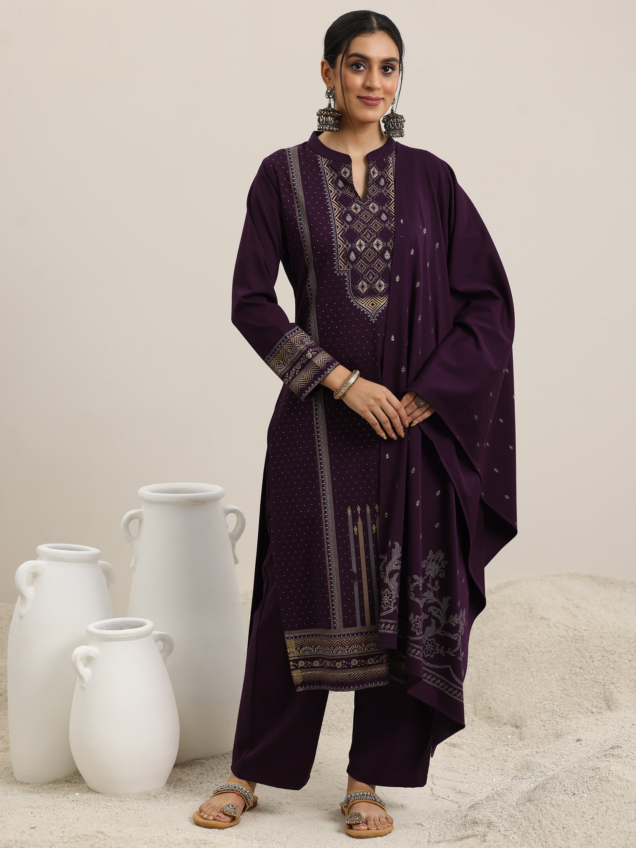 Burgundy Woven Design Wool Blend Straight Suit With Dupatta