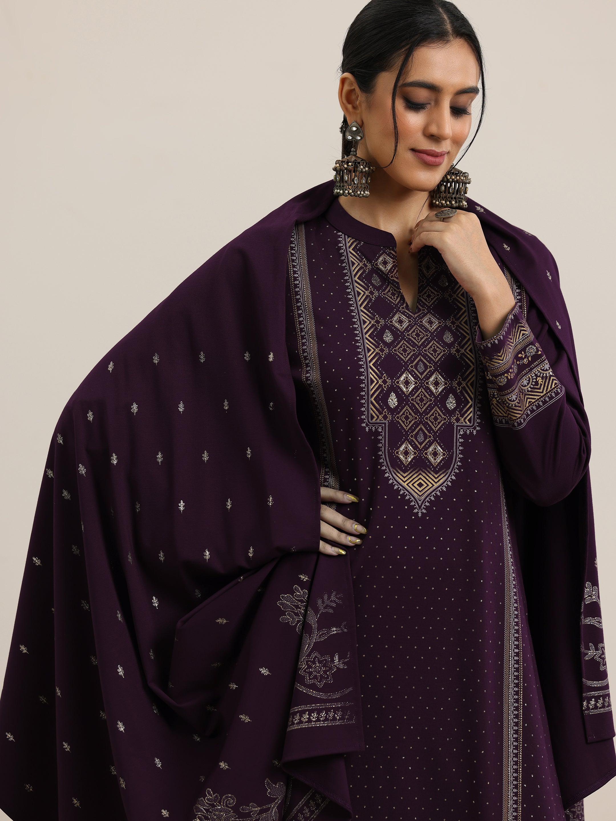 Burgundy Woven Design Wool Blend Straight Suit With Dupatta