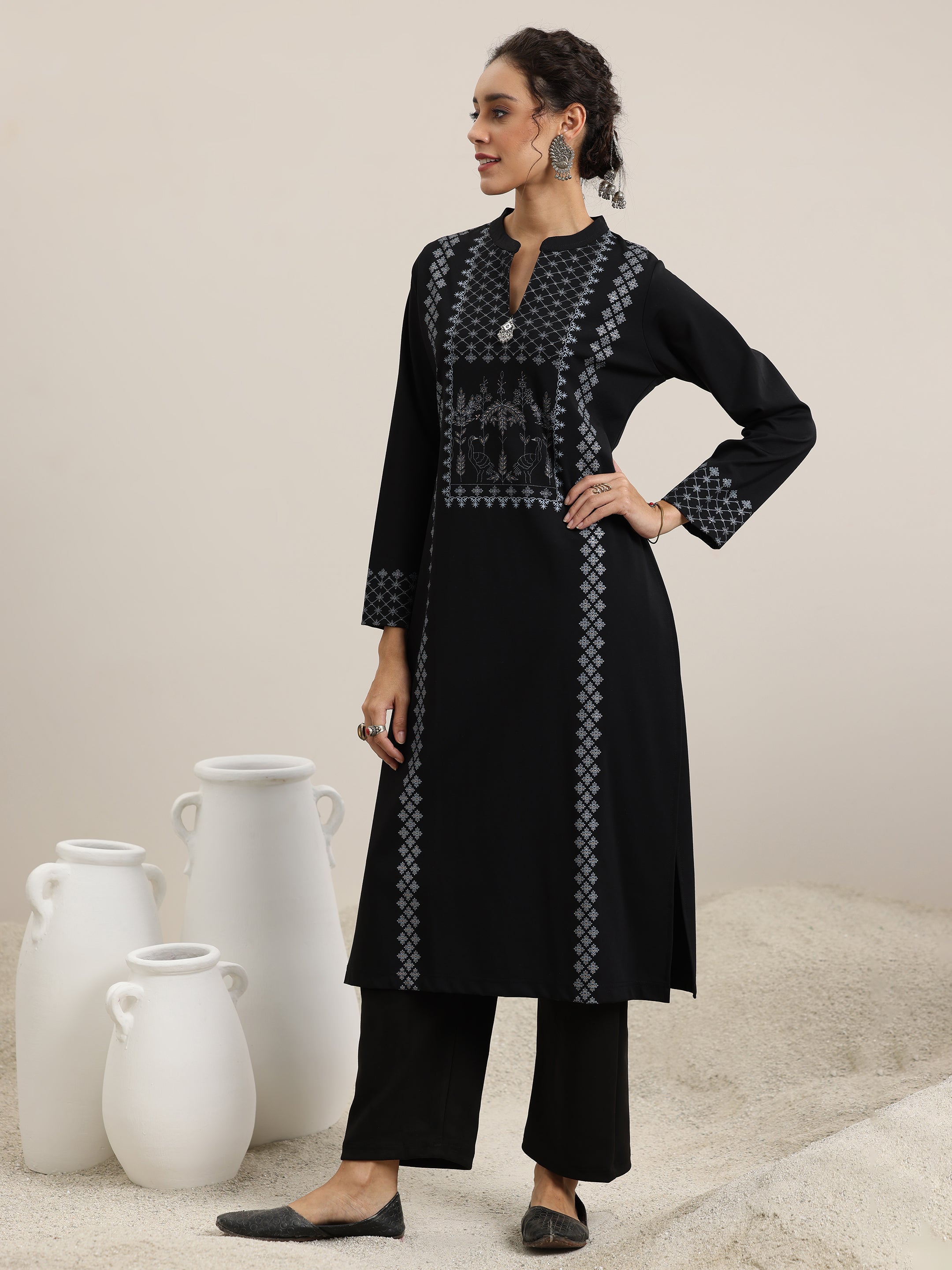 Black Woven Design Wool Blend Straight Suit With Dupatta