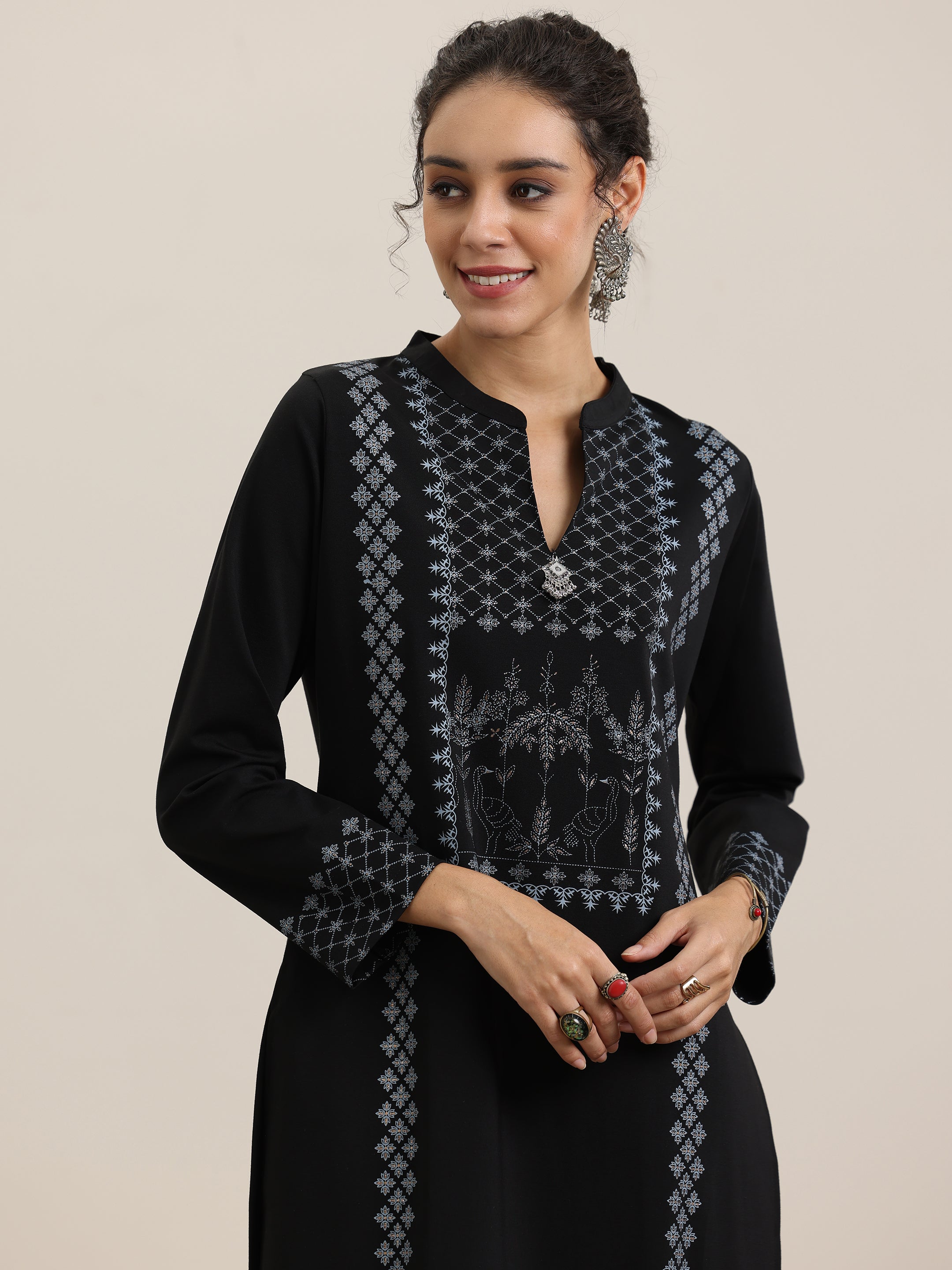 Black Woven Design Wool Blend Straight Suit With Dupatta