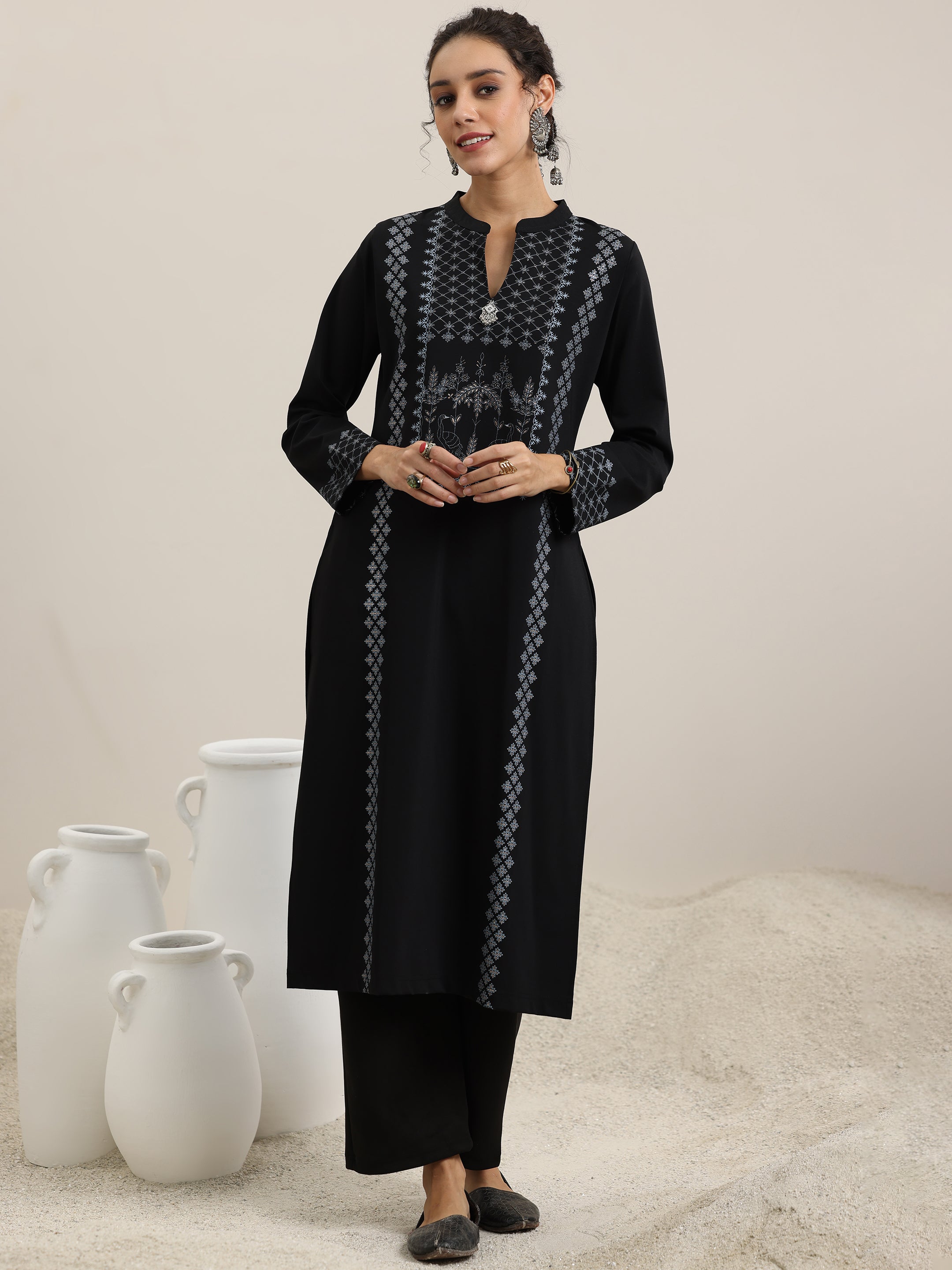 Black Woven Design Wool Blend Straight Suit With Dupatta