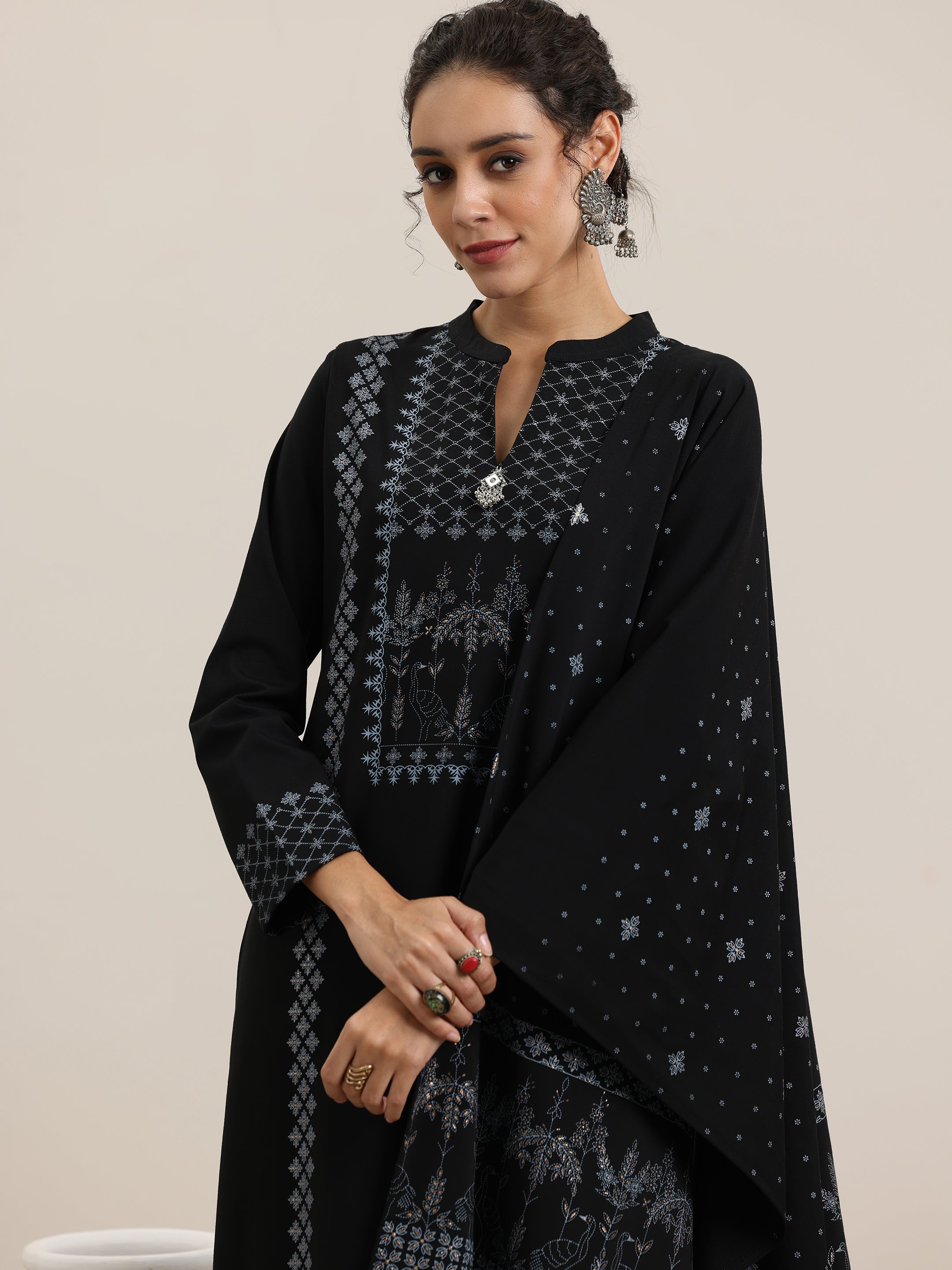 Black Woven Design Wool Blend Straight Suit With Dupatta