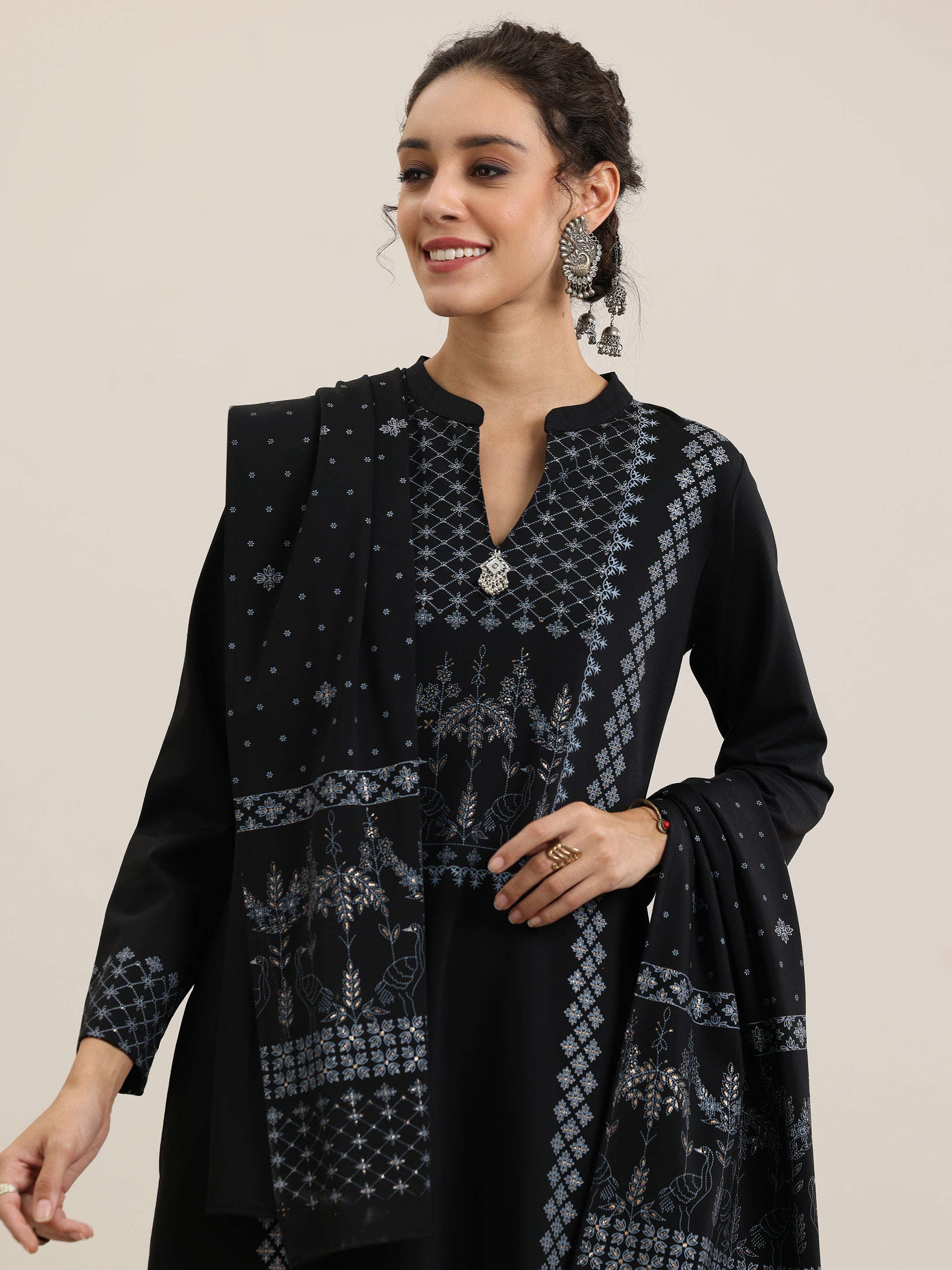 Black Woven Design Wool Blend Straight Suit With Dupatta