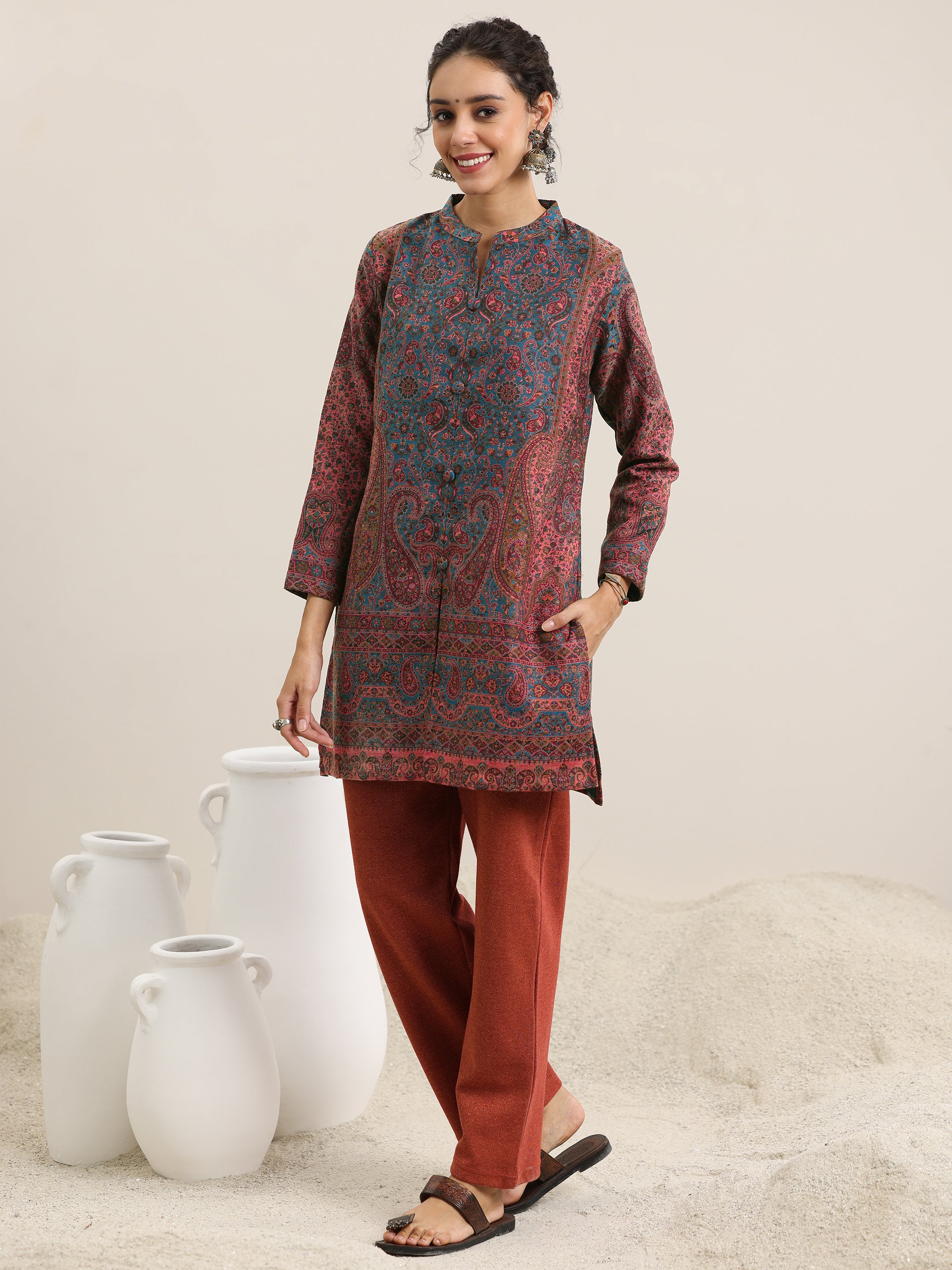 Rust Woven Design Wool Blend Straight Kurta With Palazzos