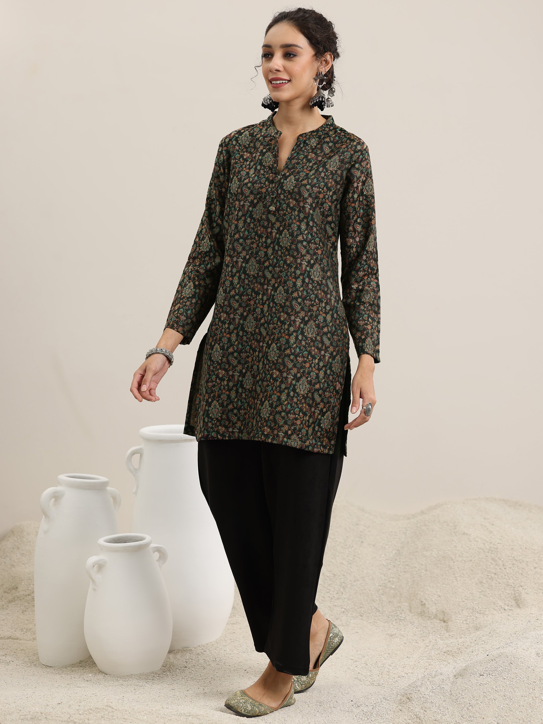 Black Woven Design Wool Blend Straight Kurta With Palazzos