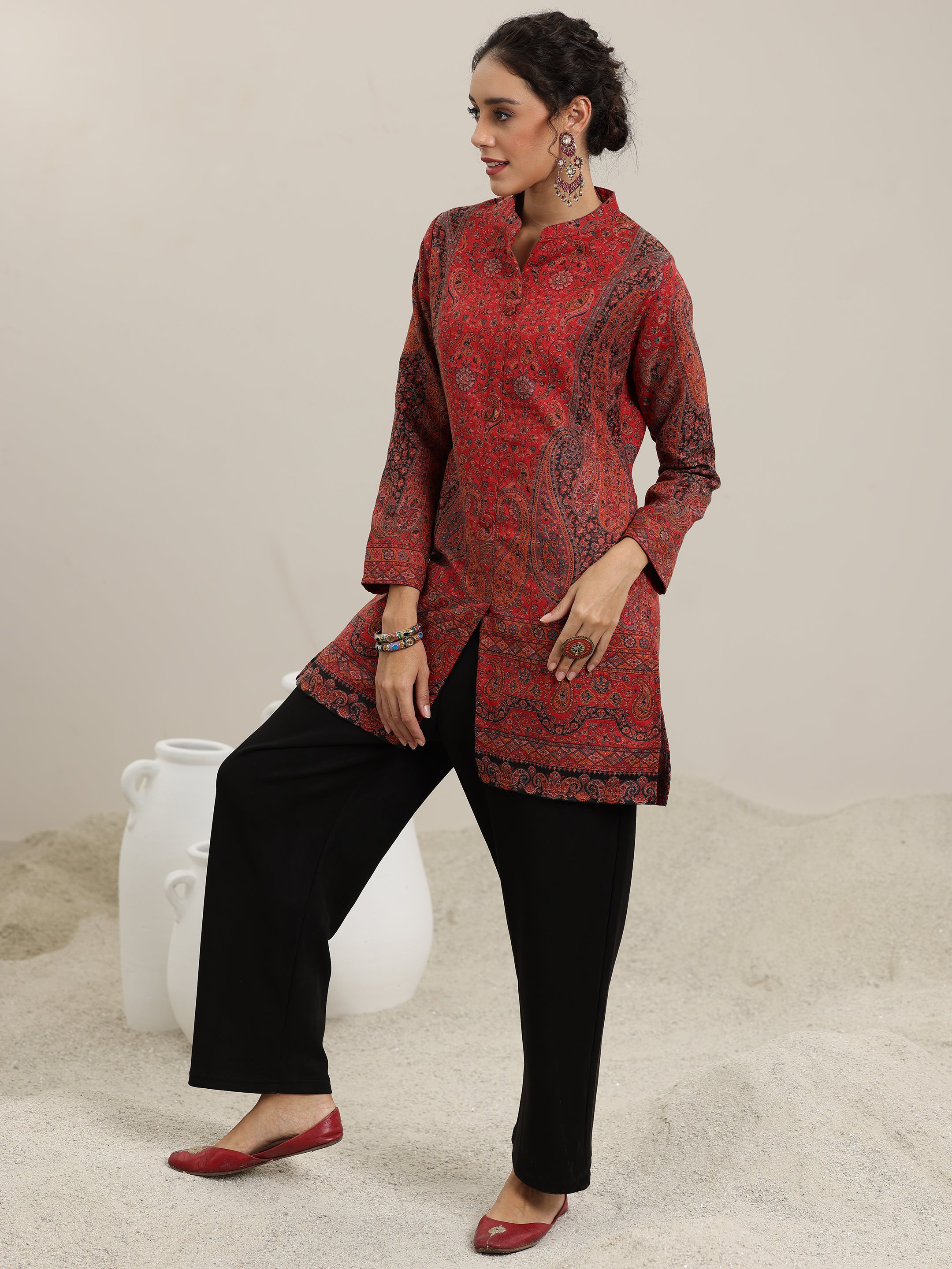 Multi Woven Design Wool Blend Straight Kurta With Palazzos