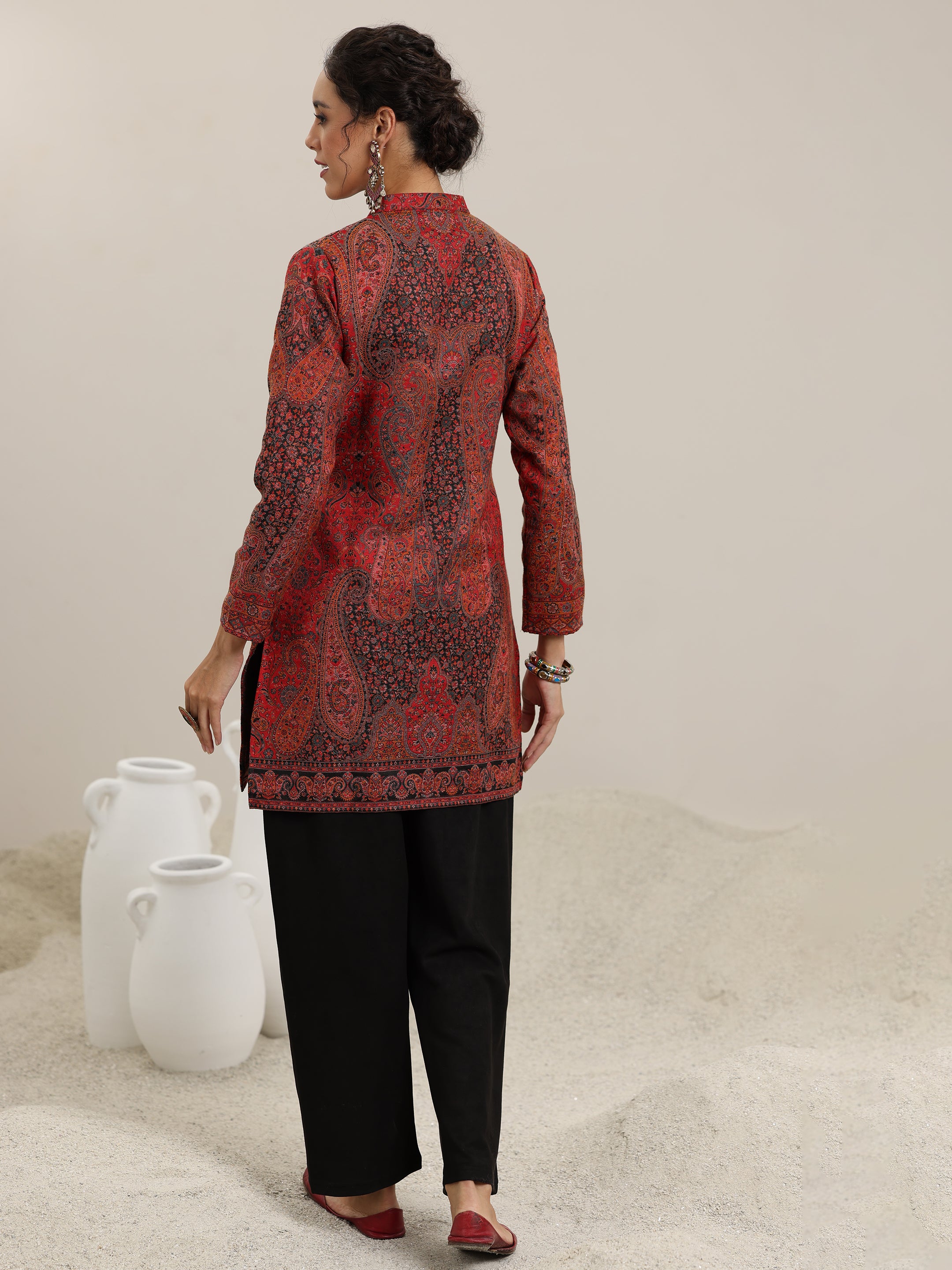 Multi Woven Design Wool Blend Straight Kurta With Palazzos