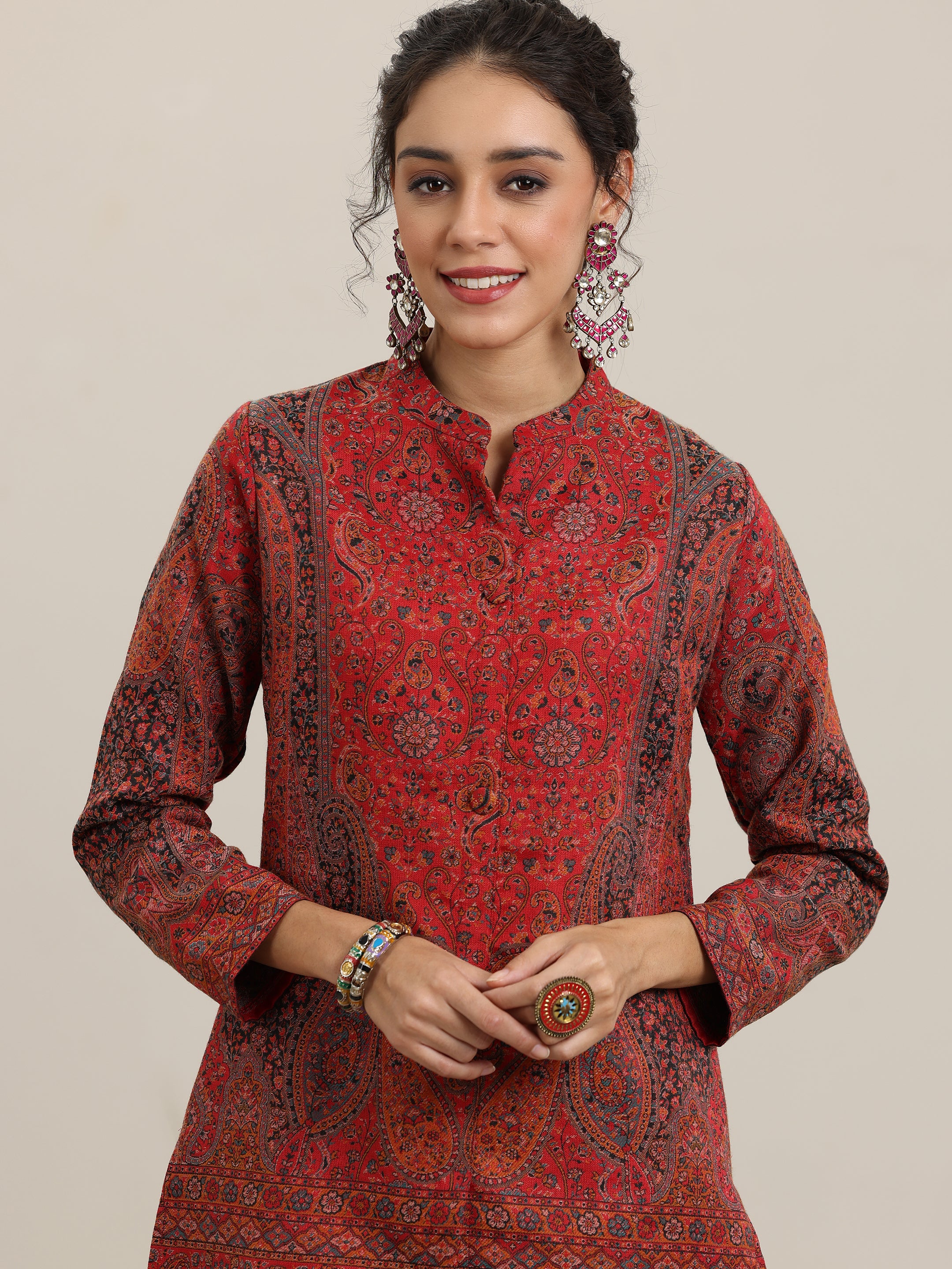 Multi Woven Design Wool Blend Straight Kurta With Palazzos