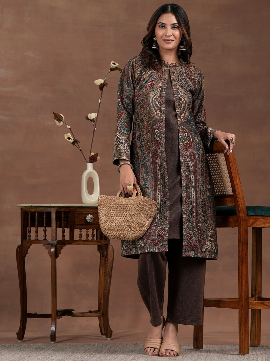 Brown Solid Wool Blend Straight Kurta Set-48809W