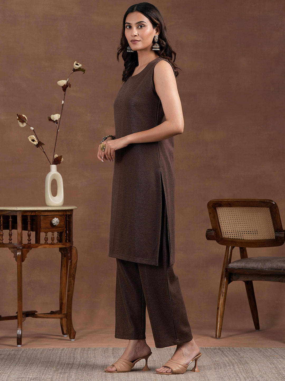 Brown Solid Wool Blend Straight Kurta Set-48809W